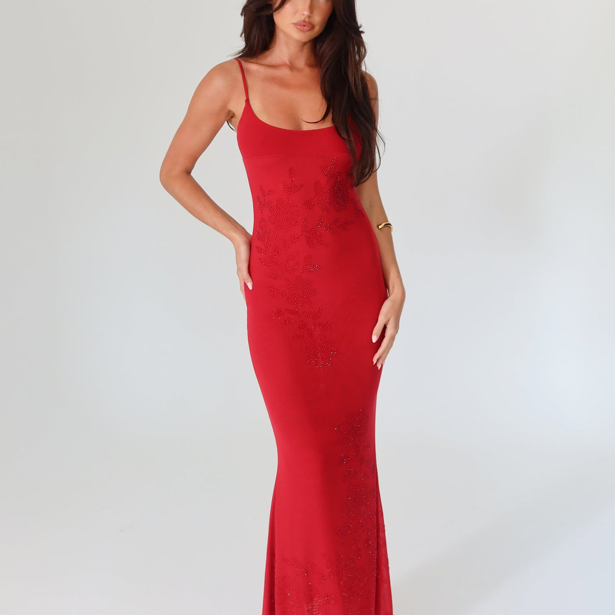 1310191 Red Open Chest Maxi Dress