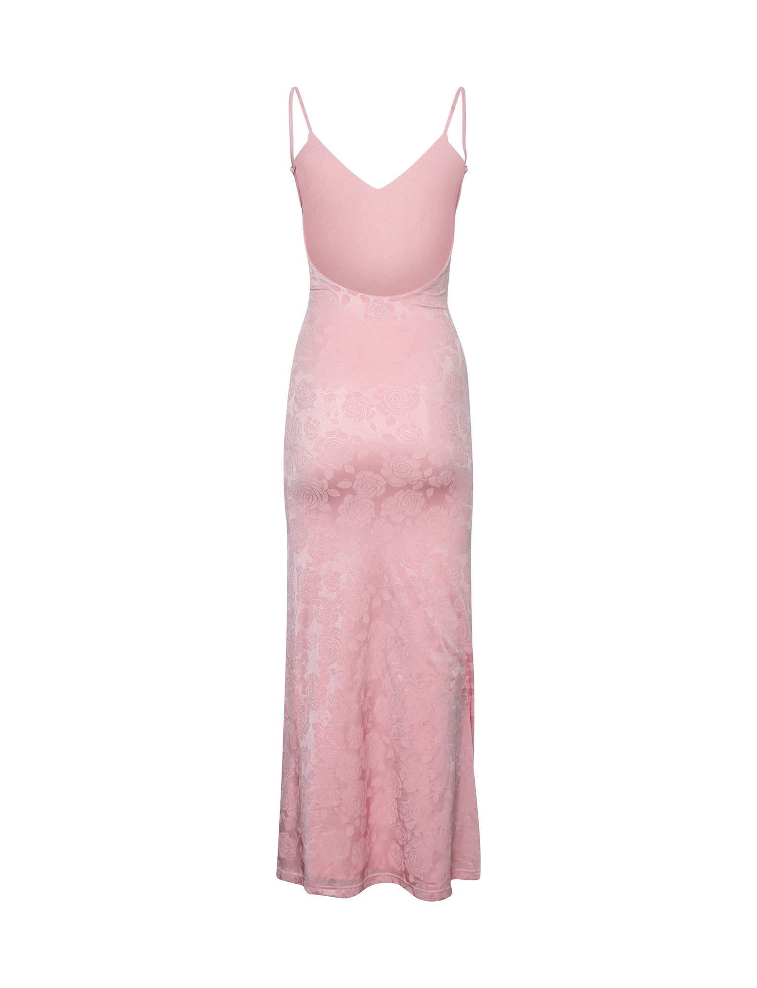 The ERICKA DRESS - PINK by TIGERMIST is a long lace dress with thin spaghetti straps and a deep V-neckline, featuring a flattering back view. It boasts a fitted bodice that gracefully flows into a slightly flared skirt, adorned with intricate lace detailing throughout.