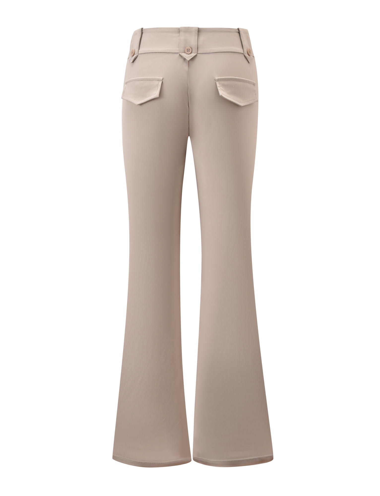 The TIGERMIST KITTIE PANT - SAND features a sand hue, back view with two flap pockets and button details, visible waistband with belt loops, and is crafted from stretch suiting fabric for a flattering flared silhouette.