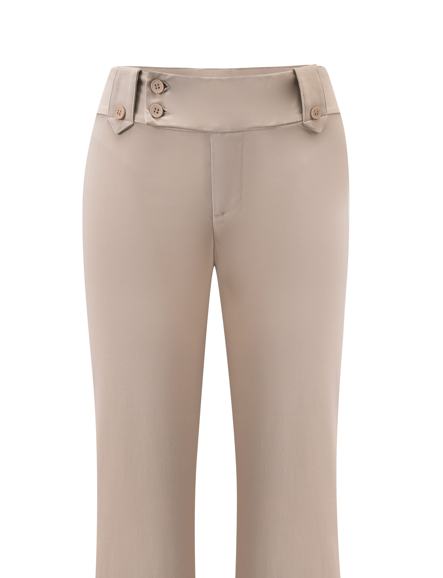 The TIGERMIST KITTIE PANT - SAND is a women’s high-waisted pant with a wide waistband, two decorative side buttons, and straight legs, crafted from smooth stretch suiting for a polished look.