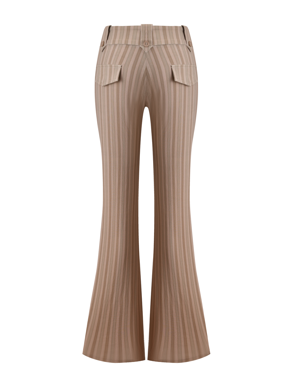 The KITTIE PANT - TAUPE STRIPE by TIGERMIST features a tan, high-waisted, flared silhouette in stretch suiting fabric with vertical stripes, back button closure, and two flap pockets, shown on a white background.