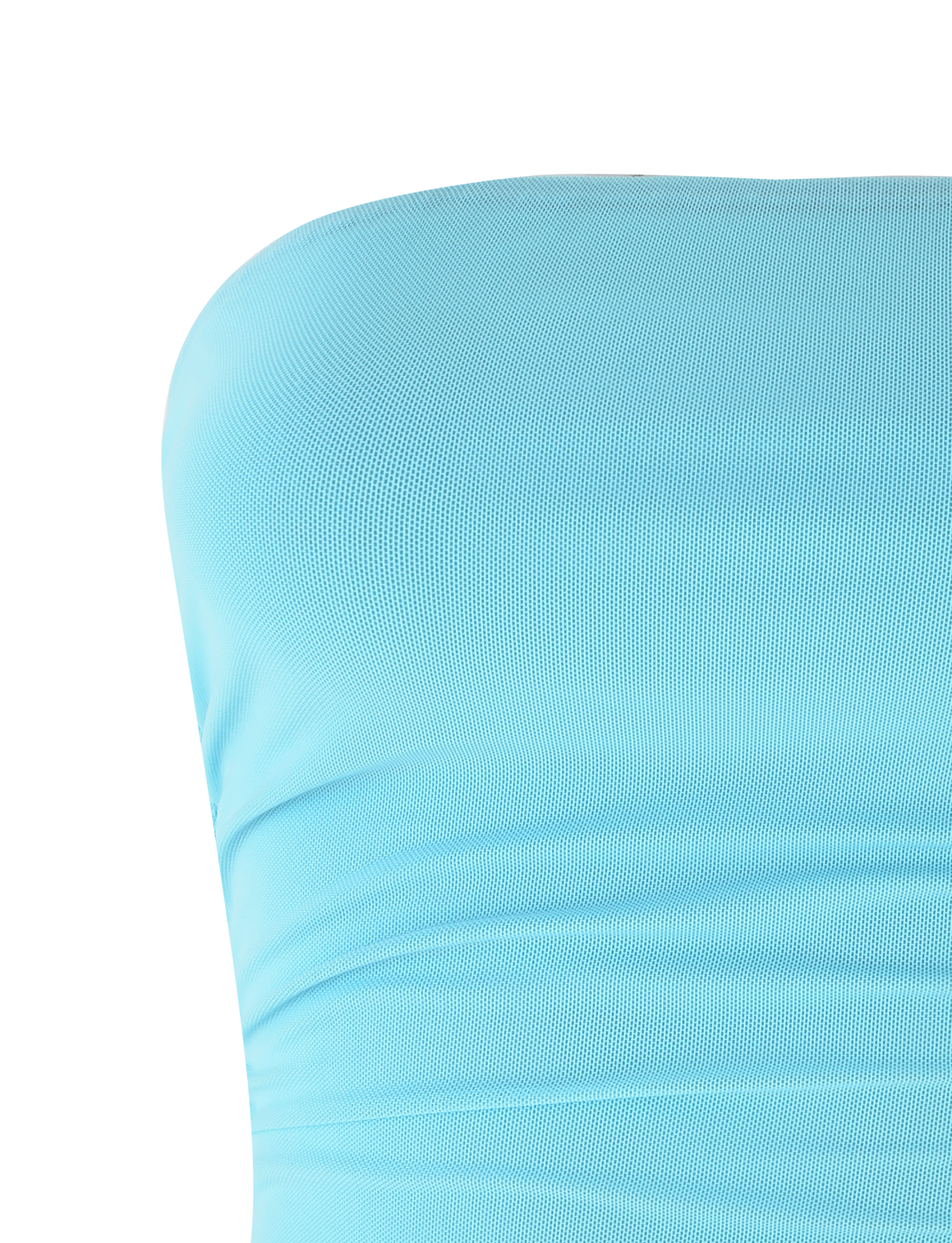 Close-up of a person wearing the TIGERMIST HARRIETT TUBE TOP in Bright Blue. The soft mesh fabric and subtle horizontal ruching are visible across the upper chest and shoulders.