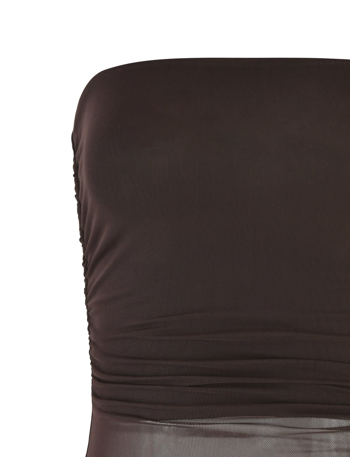 Close-up of the HARRIETT TUBE TOP in chocolate brown by TIGERMIST, featuring a strapless mesh design with ruched side detailing and a smooth, bodycon fit.