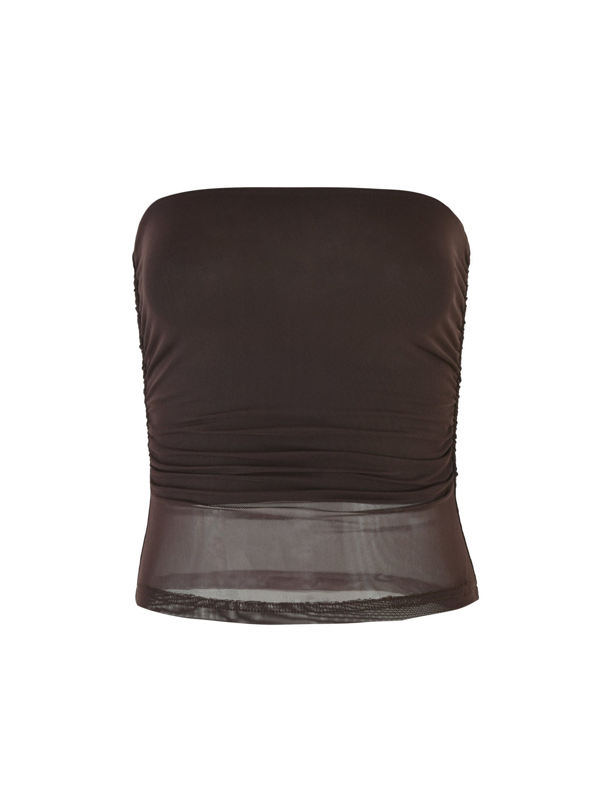 The TIGERMIST HARRIETT TUBE TOP - BROWN : CHOCOLATE features a strapless, bodycon fit with ruched sides and sheer mesh at the bottom for a snug, stylish look.
