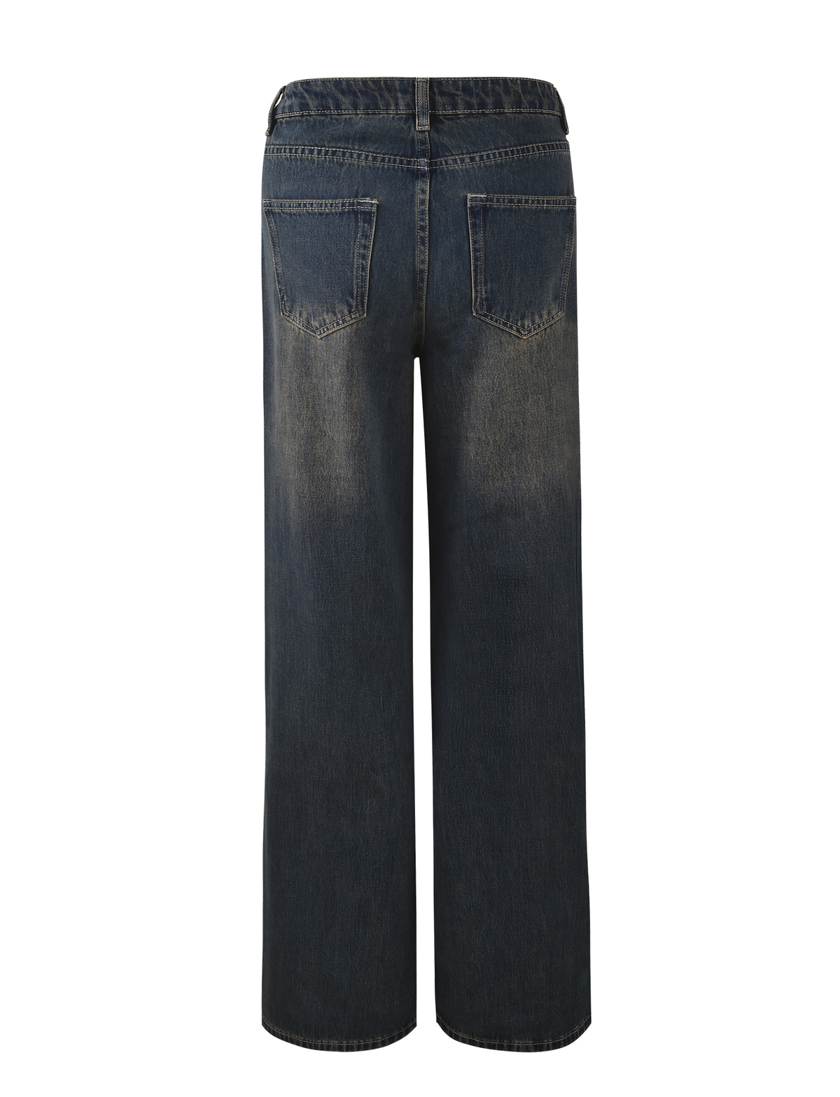 Back view of the FELIX JEAN - BLUE : MID WASH by TIGERMIST, featuring wide-leg, dark blue denim with two back pockets and subtle faded details, shown against a white background.
