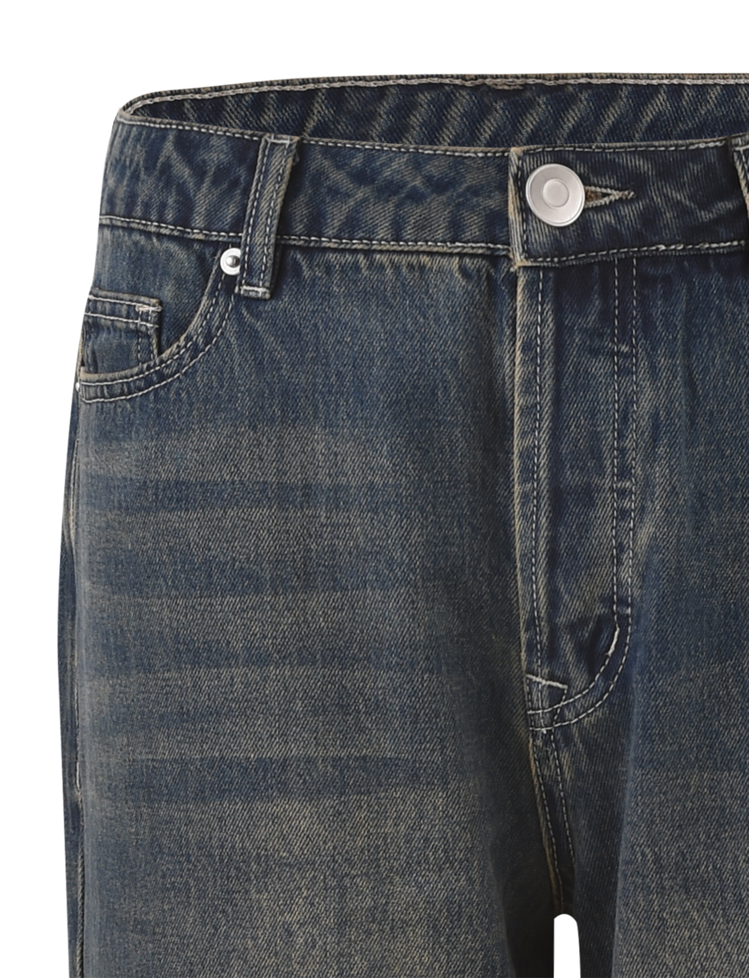 Close-up of the waist and upper legs of the FELIX JEAN - BLUE : MID WASH by TIGERMIST, showcasing button closure, belt loops, front pockets, and visible stitching.