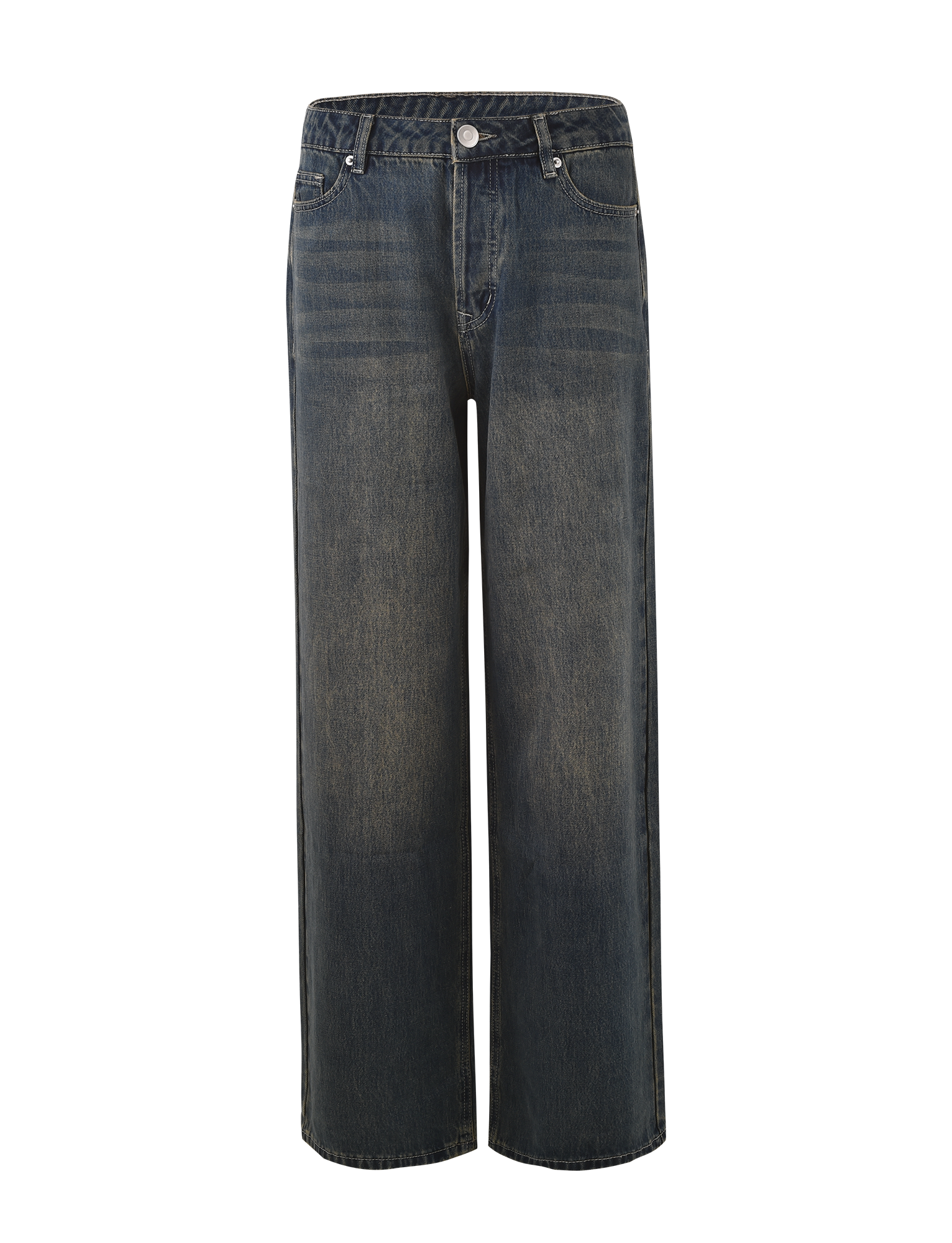 The TIGERMIST FELIX JEAN - BLUE : MID WASH features a high-waisted, wide-leg fit, button and zip closure, front and back pockets, and subtle fading on the thighs.