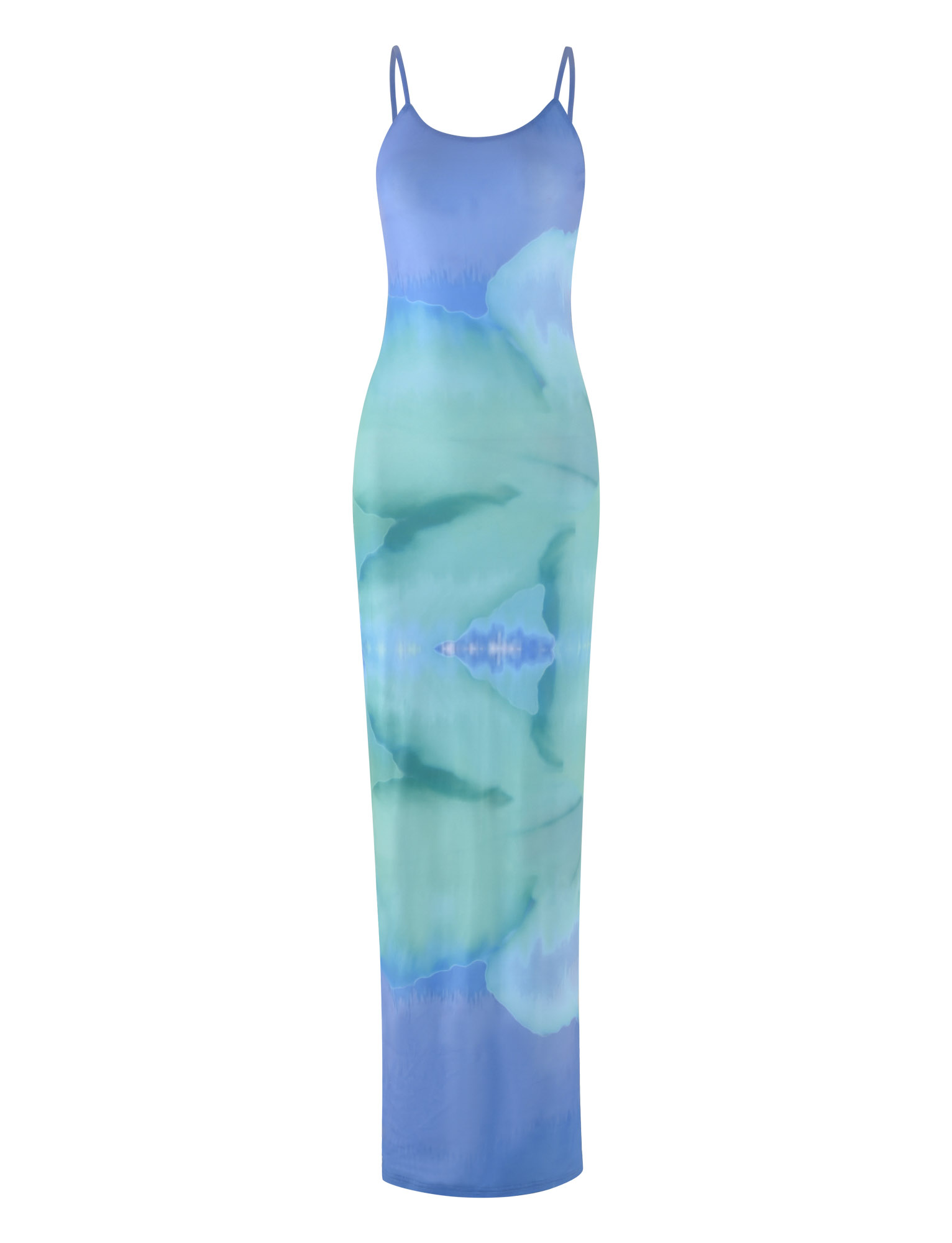 The TIGERMIST ARDON MAXI DRESS in Blue Hibiscus features a sleeveless, floor-length mesh design with thin straps, a fitted silhouette, and an exclusive macro floral print on a white background.