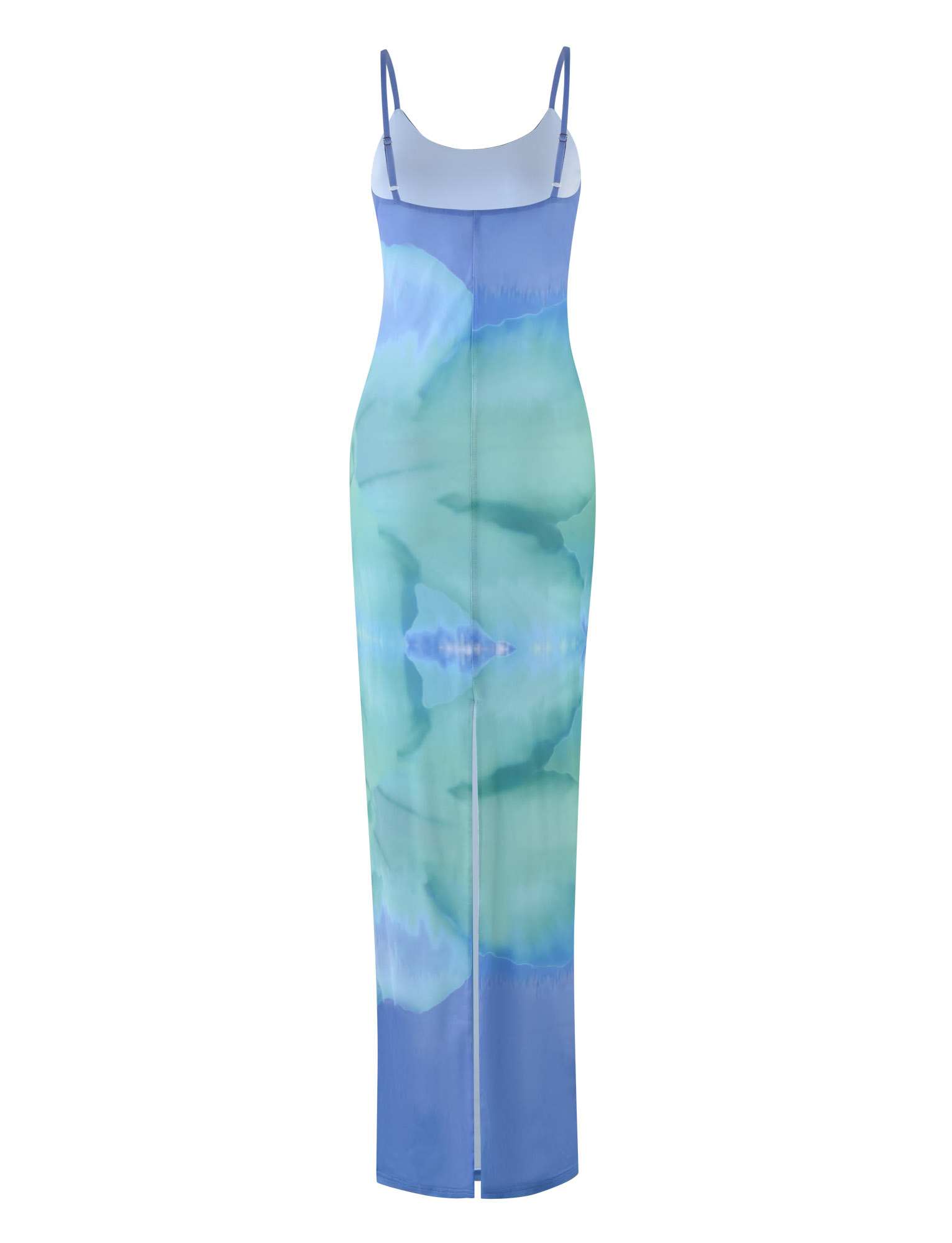 The TIGERMIST ARDON MAXI DRESS - BLUE features a sleeveless, floor-length mesh design with thin straps, an exclusive Macro Floral: Blue Hibiscus print, front hem slit, and high stretch fabric for comfort.
