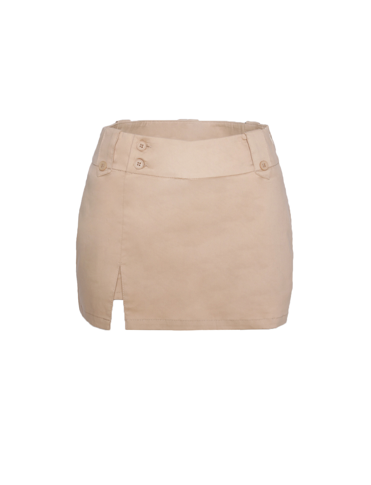 The TIGERMIST KITTIE SKORT - TAN features a left-side front slit, decorative waist buttons, an overlap waistband, and built-in shorts for comfort. Shown against a white background with a clean, modern look.
