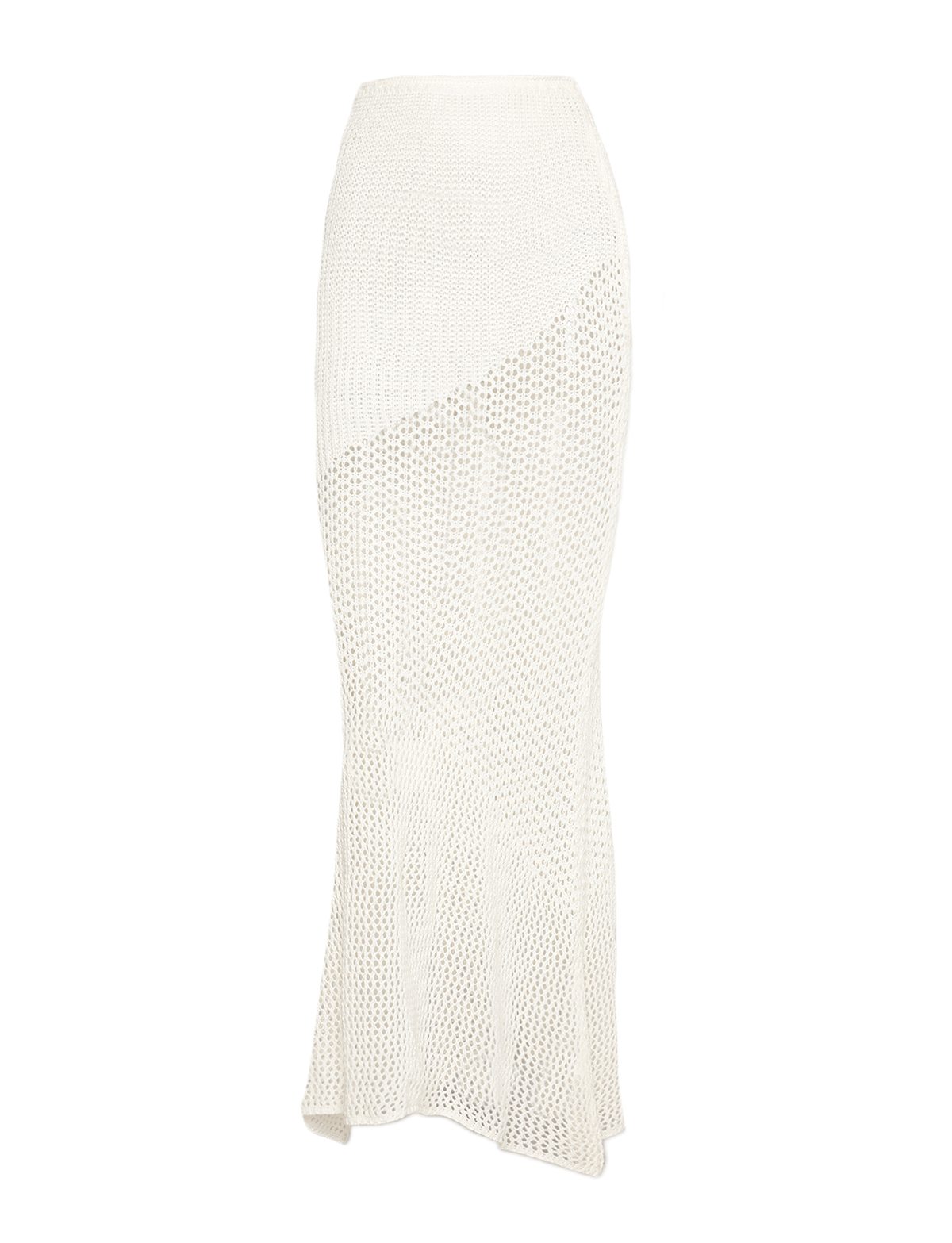 The TIGERMIST MACAULEY SKIRT in Cream Crochet is a long, fitted waist skirt with crochet panels, a slightly flared hem, semi-sheer texture, and asymmetrical pattern for a subtle bodycon look.