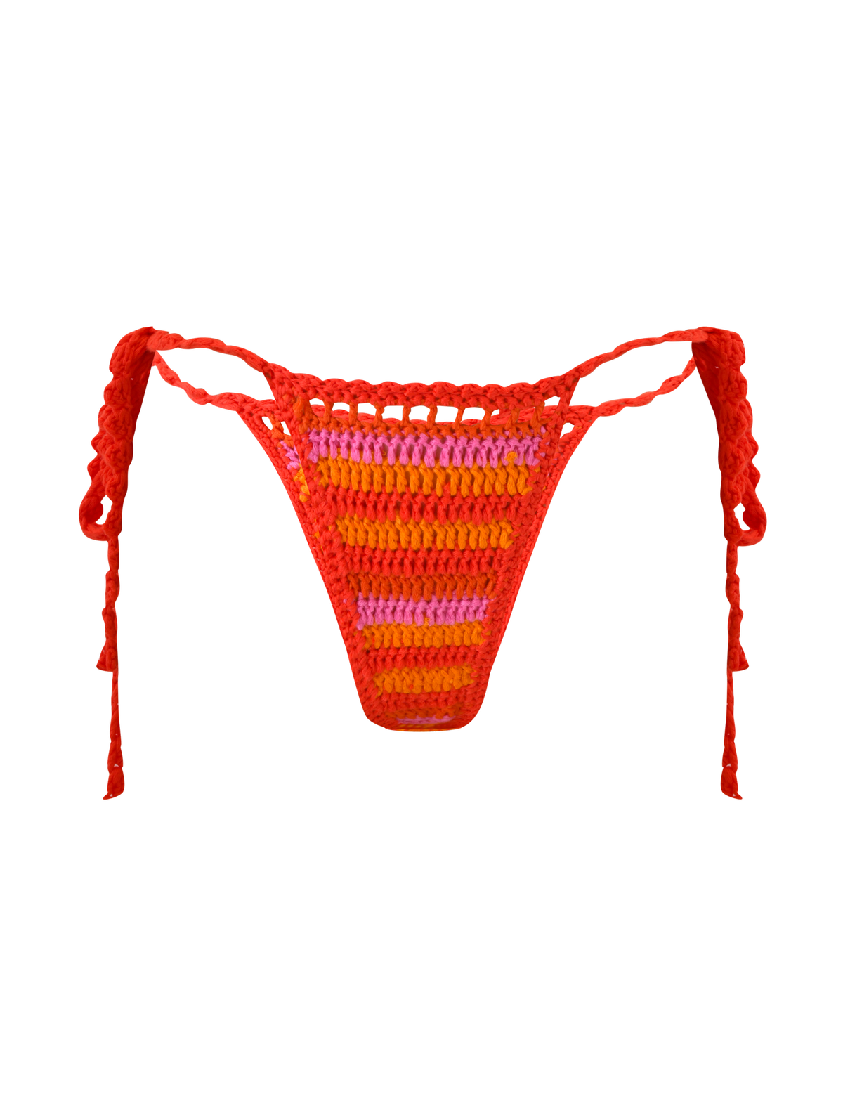 The CORA BIKINI BOTTOM - SUNSET TROPICAL STRIPE by TIGERMIST features cheeky red side ties and bold orange and pink stripes on a vibrant crochet design, shown against a plain white background.