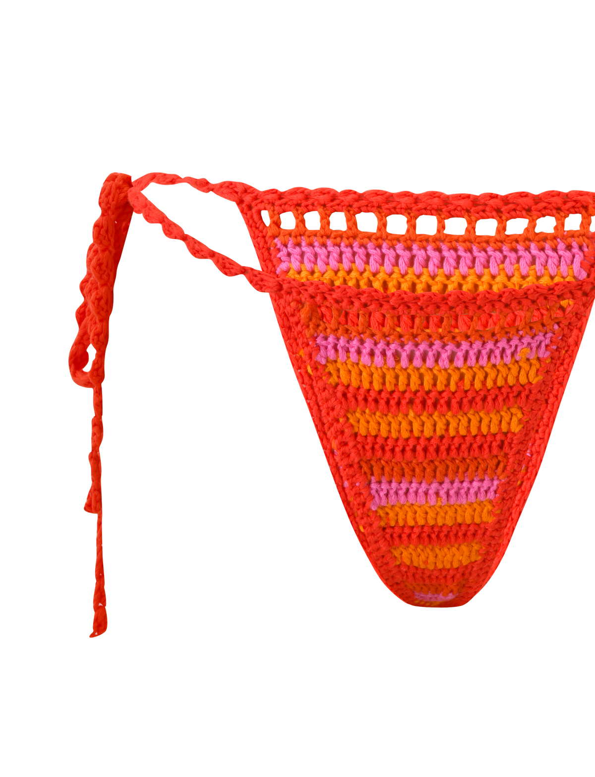The TIGERMIST CORA BIKINI BOTTOM - SUNSET TROPICAL STRIPE features multicolour red, orange, and pink crochet stripes with side ties. This cheeky style adds a playful touch to your swimwear collection. Shown against a white background.