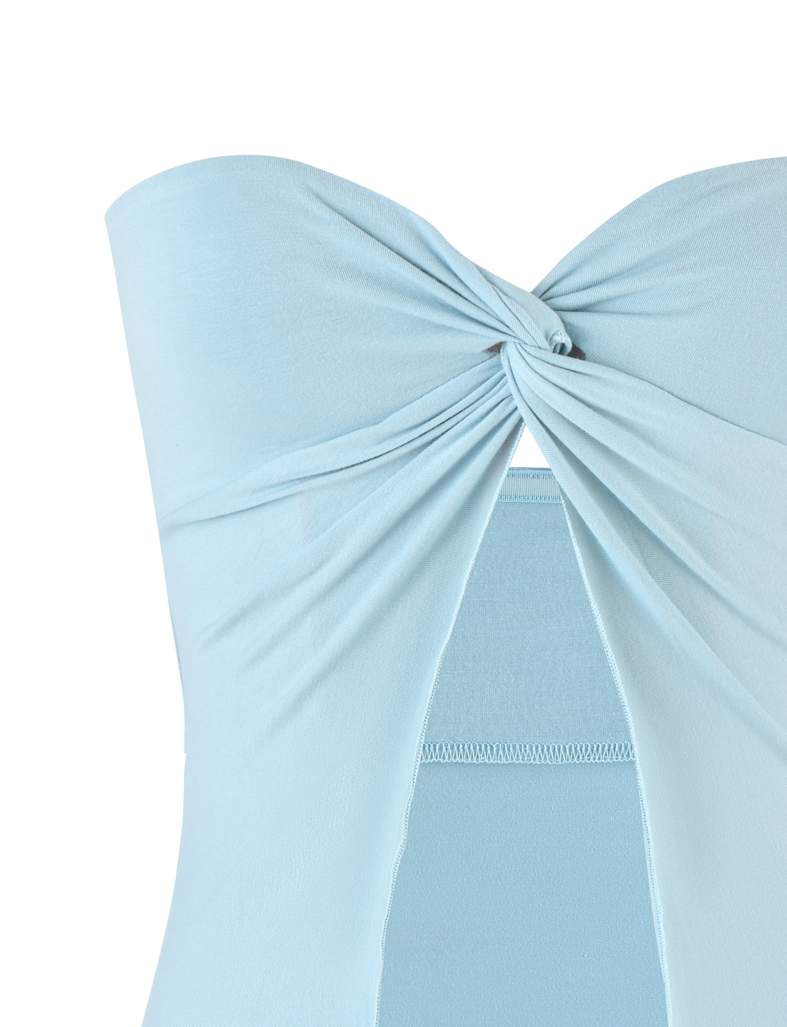 Close-up of the CHARMAINE TOP in baby blue by TIGERMIST, a strapless design featuring a twist detail at the bust, a cut-out below, and crafted from high-stretch fabric for a smooth, minimalist look.