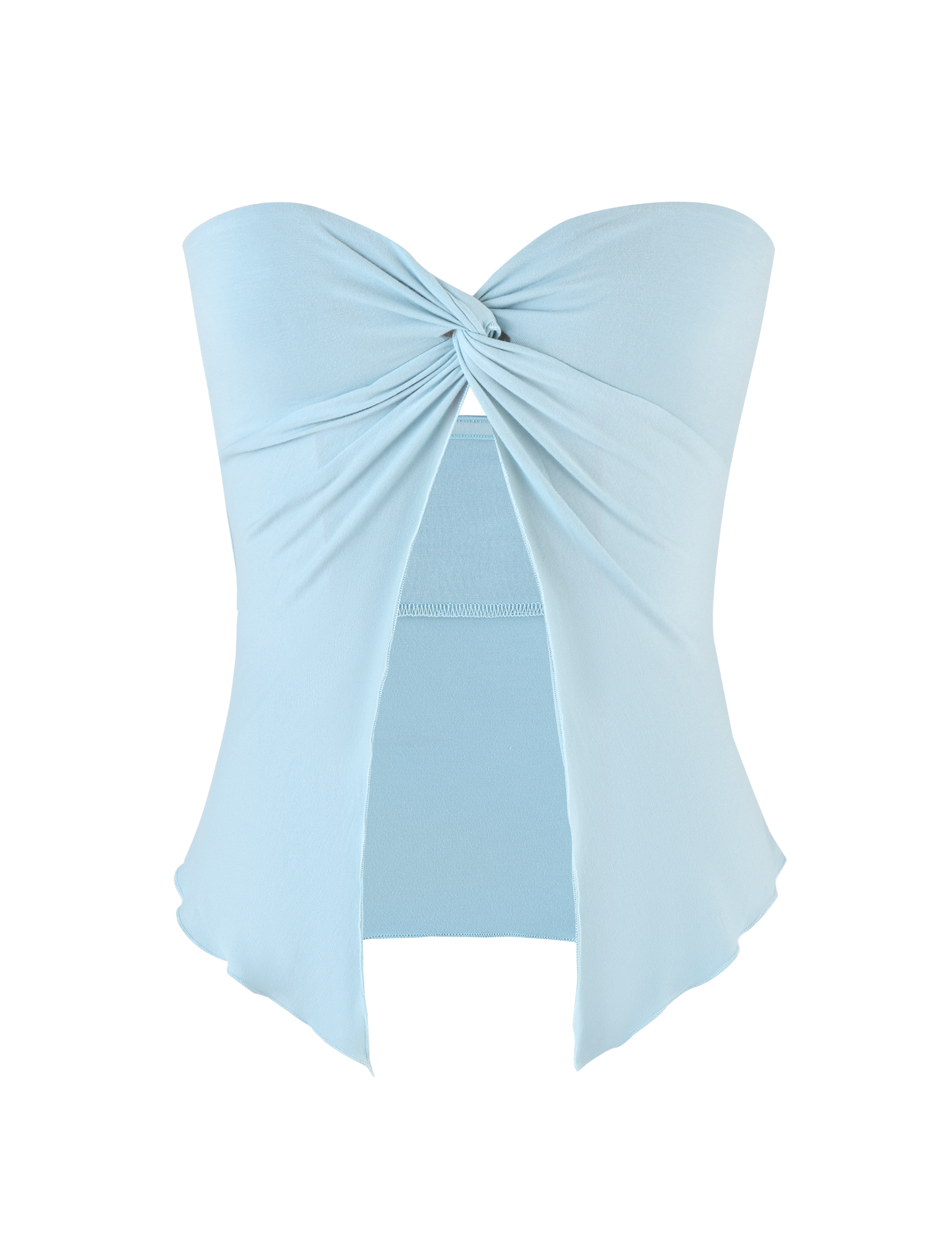 The TIGERMIST CHARMAINE TOP in baby blue is a strapless, high-stretch top featuring a twist detail at the bust, a front cut-out below the knot, and an asymmetrical hemline for soft, comfortable wear.