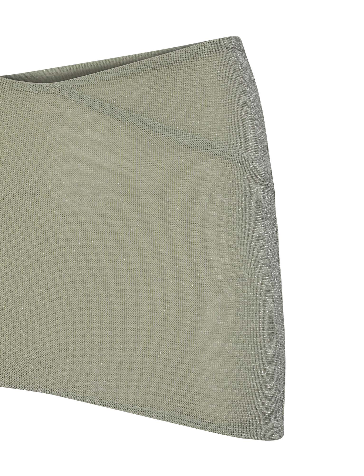 A close-up of the COBI SKIRT - GREEN : SAGE GLITTER by TIGERMIST highlights its light gray-green fabric, smooth texture, and subtle shimmer, reminiscent of its signature weave and slightly sheer appearance.