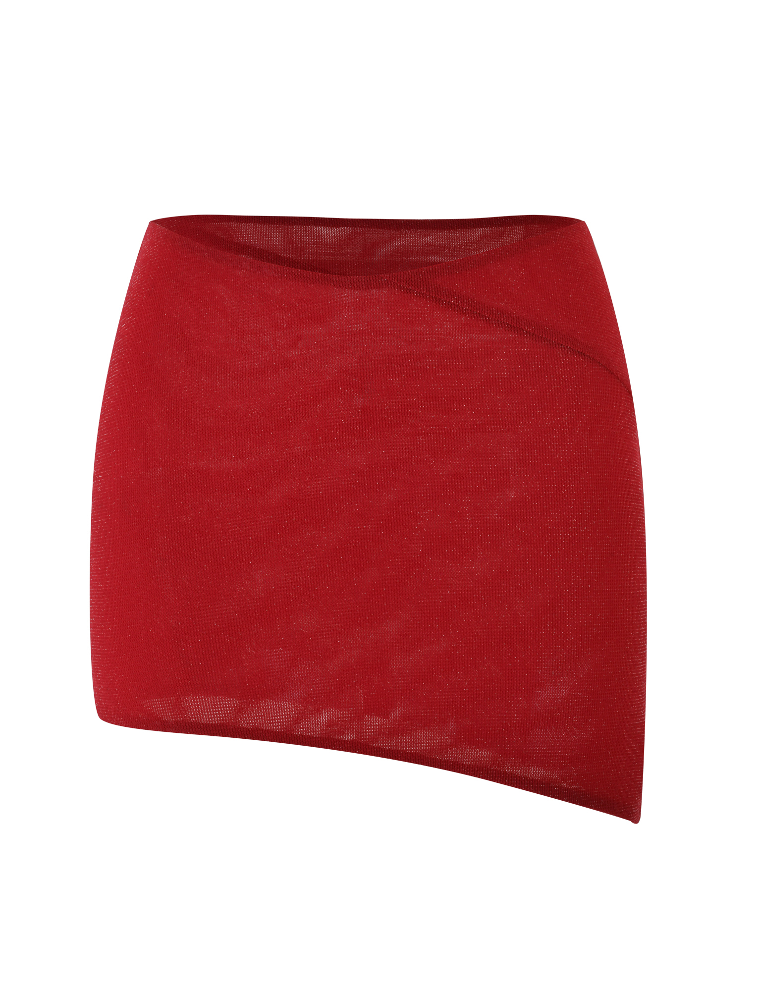 The TIGERMIST COBI SKIRT - RED: SPARKLE features a bright red, sheer mesh texture, bodycon fit, and a slightly asymmetrical hemline, photographed on a white background.