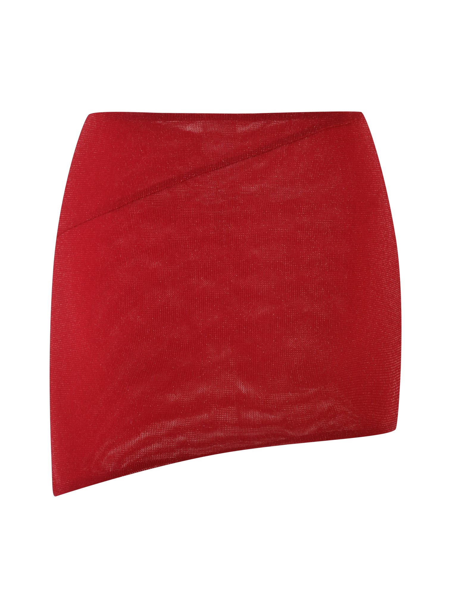The COBI SKIRT - RED : SPARKLE from TIGERMIST is an asymmetrical red mini skirt with a subtle diagonal front seam, bodycon fit, and eye-catching sparkle, shown against a white background.