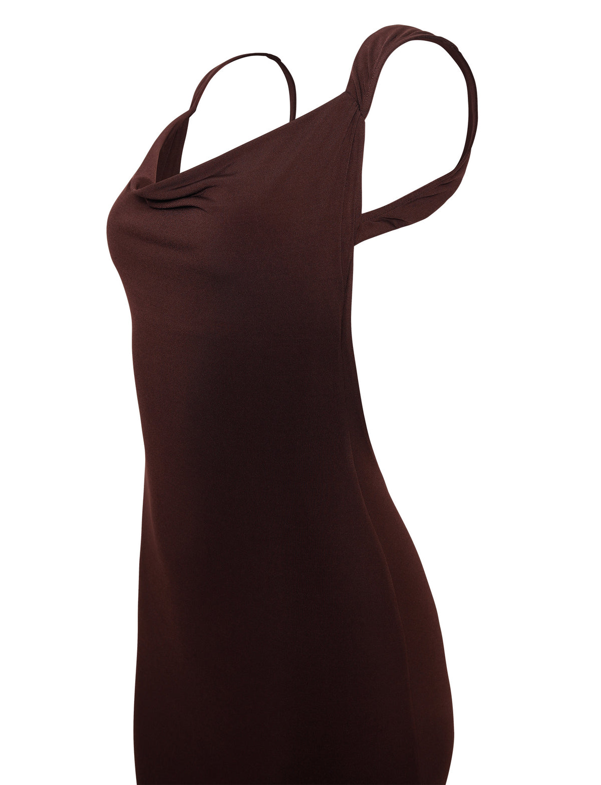 The MORANA DRESS - BROWN : CHOCOLATE from TIGERMIST is a sleeveless, dark brown dress with a fitted silhouette. It features a draped neckline and is crafted from a smooth fabric, highlighting its simple yet elegant design. With thin shoulder straps and a cut that accentuates the wearer's shape, this dress is perfect for any chic occasion.