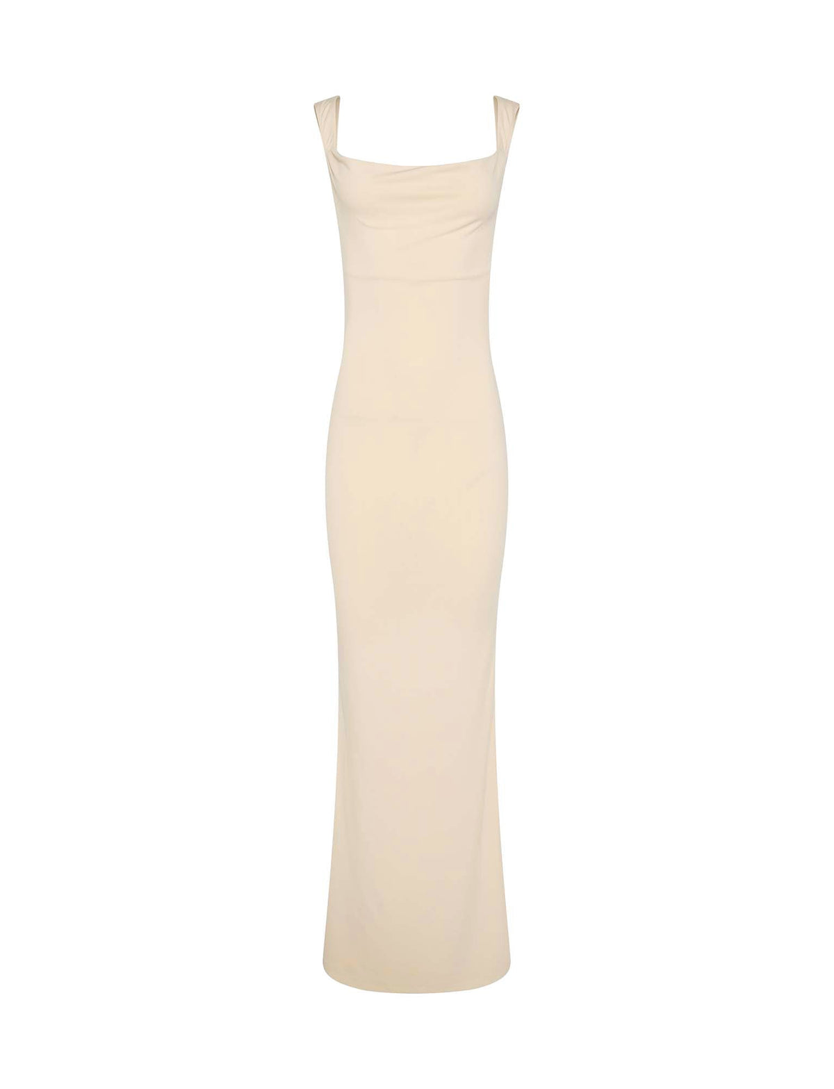 The TIGERMIST MORANA DRESS - YELLOW : BUTTER is a sleeveless, floor-length bodycon dress in pastel yellow with a straight neckline and wide shoulder straps, shown against a white background.