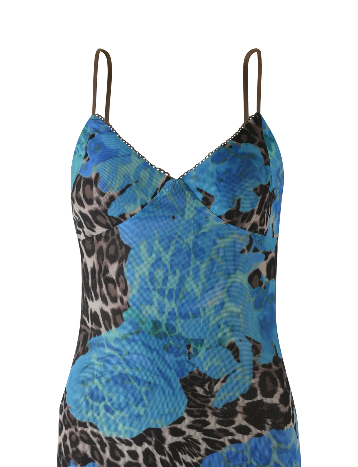 The JULIANNA DRESS - BLUE : LEOPARD by TIGERMIST is a sleeveless, fitted maxi dress featuring a blue leopard print, V-shaped neckline with delicate trim, and adjustable spaghetti straps.