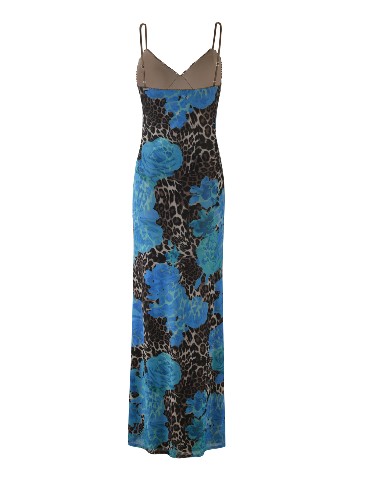 The JULIANNA DRESS - BLUE : LEOPARD by TIGERMIST is a sleeveless maxi with thin straps, featuring a bold blue floral and leopard print and a contrasting beige bust.