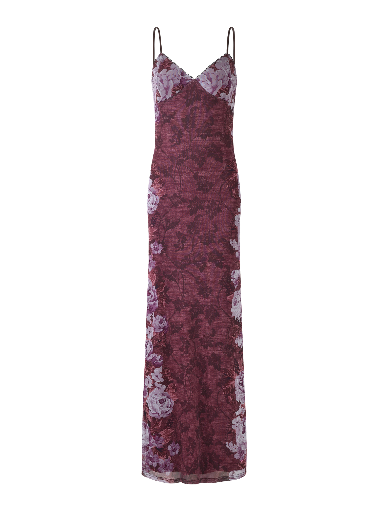 The JULIANNA DRESS - MULTI : FLORAL : ROSE STRIPE by TIGERMIST is a sleeveless slip dress with thin straps, a v-neckline, and features a rose floral stripe print in purple and pink tones.