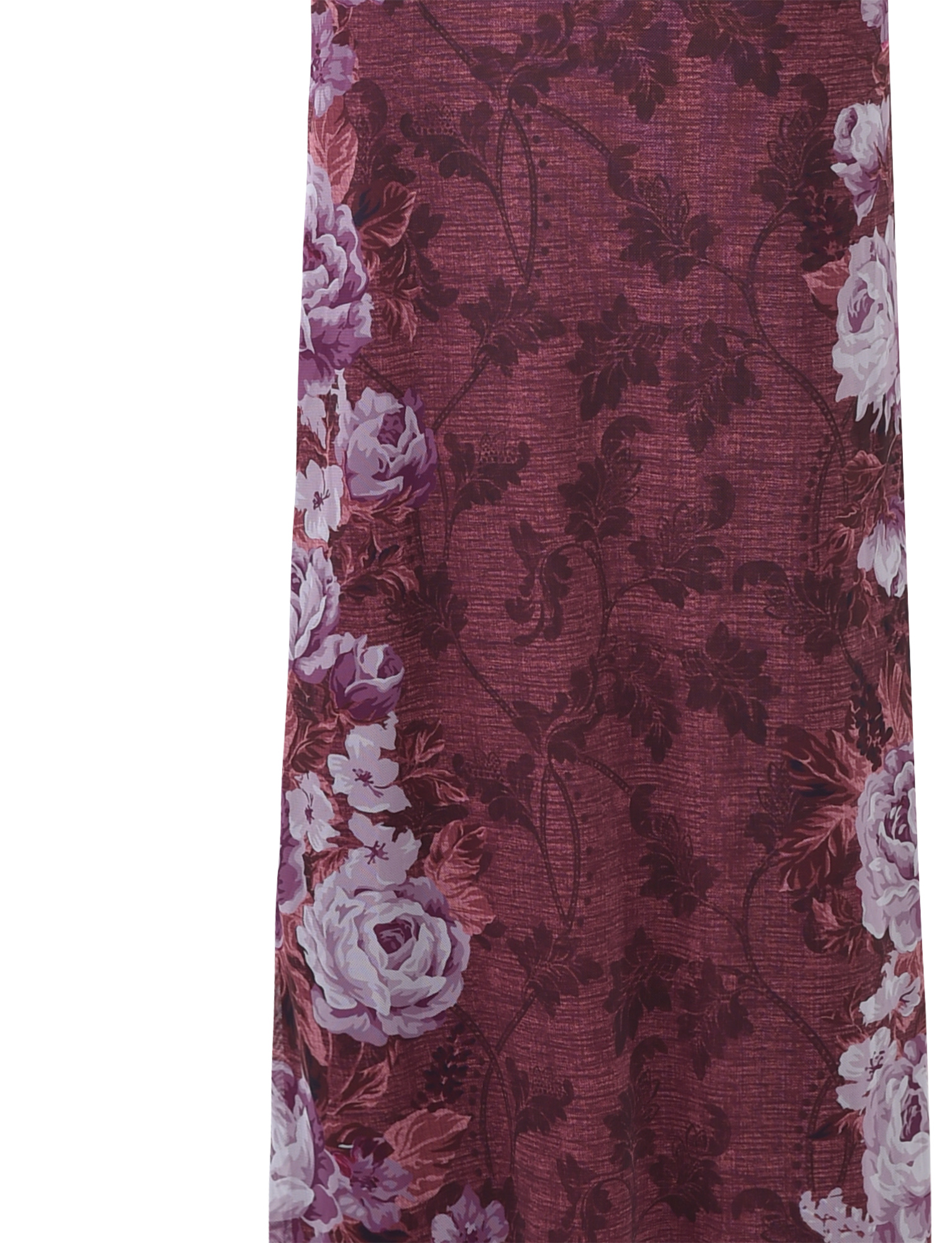 A maroon fabric with a floral stripe print of purple and white roses plus dark vines, perfect for the TIGERMIST JULIANNA DRESS - MULTI: FLORAL: ROSE STRIPE.