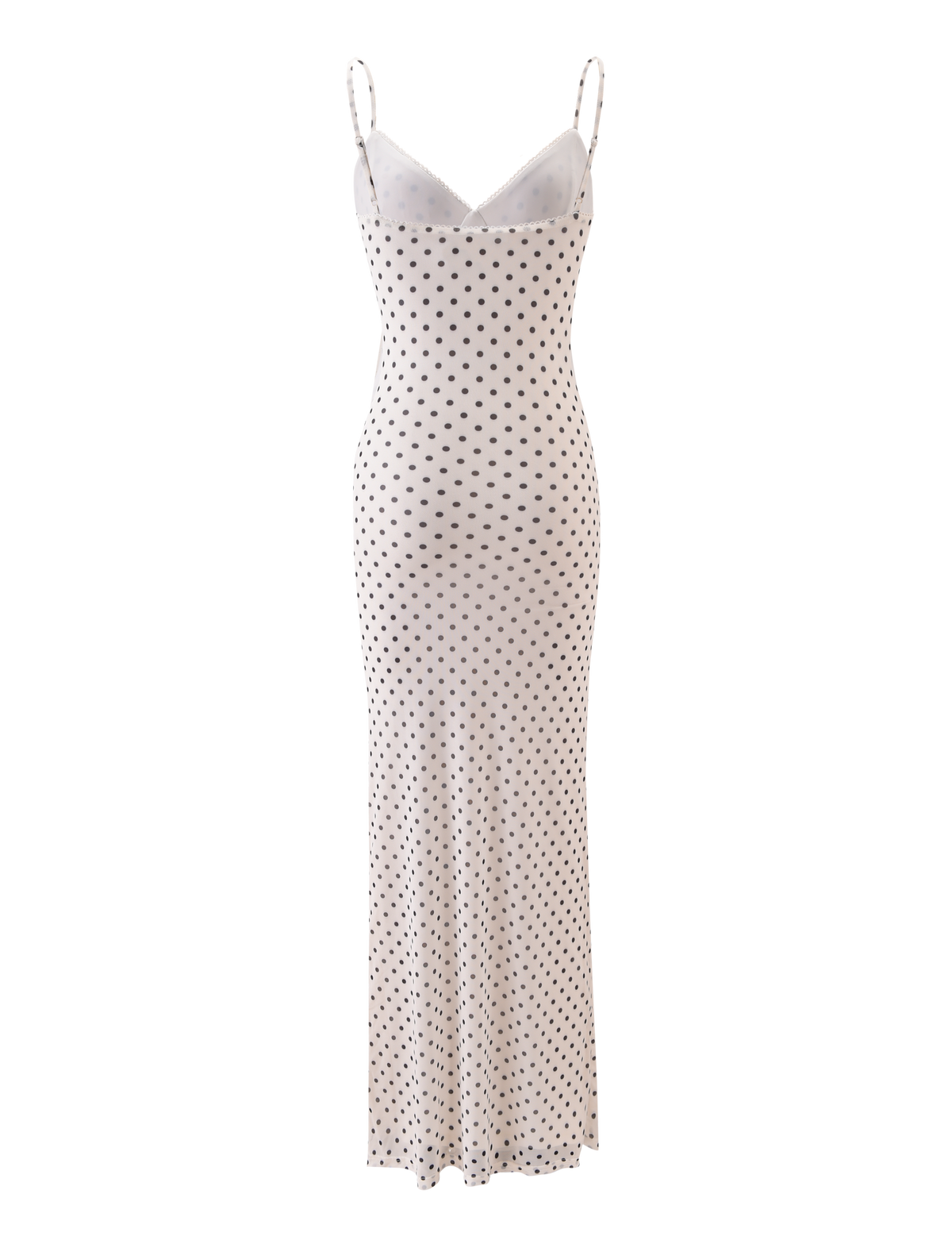 The JULIANNA MAXI DRESS - POLKA DOT by TIGERMIST is a long white dress with a fitted silhouette, adjustable spaghetti straps, and an all-over black and white polka dot pattern.