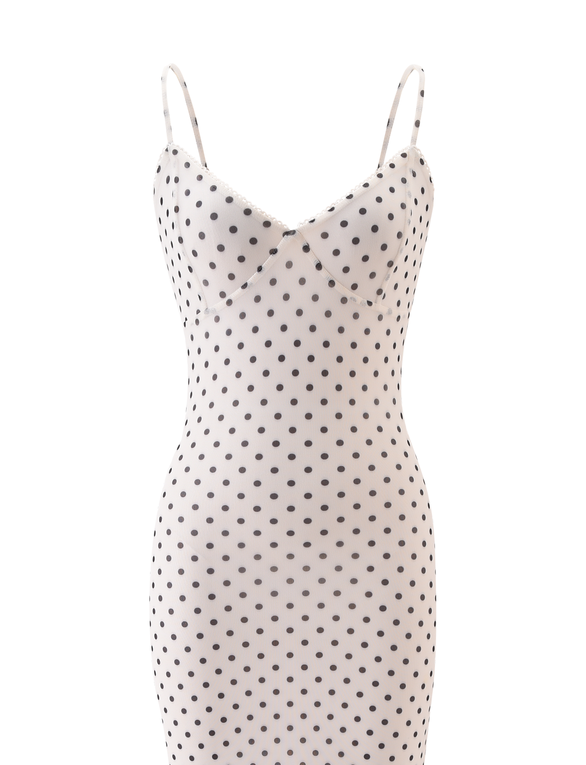The TIGERMIST JULIANNA MAXI DRESS - POLKA DOT is a sleeveless, white fitted maxi dress with adjustable spaghetti straps and a black and white polka dot pattern, shown on a plain white background.