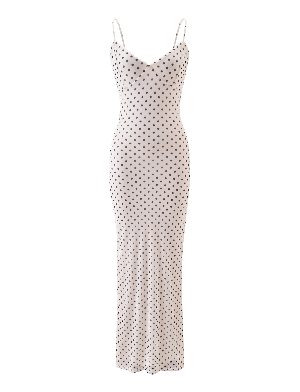 The JULIANNA MAXI DRESS - POLKA DOT by TIGERMIST is a white sleeveless maxi dress with black polka dots, adjustable spaghetti straps, a fitted silhouette, and an elegant draped neckline.