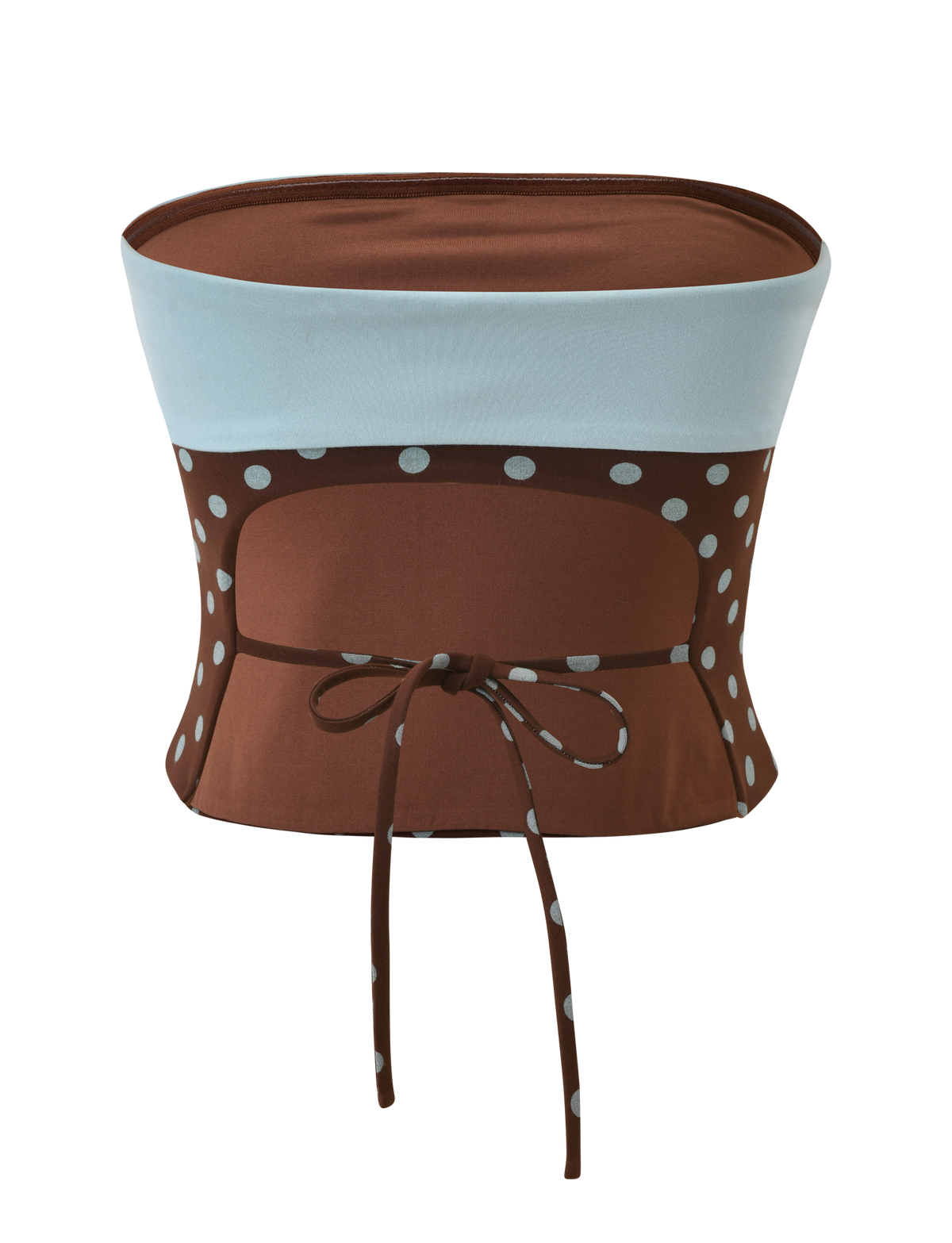 The TIGERMIST IMOGEN TUBE TOP - BROWN AND BLUE POLKA DOT is a strapless top with a light blue band, playful polka dot print, and matching tied waist, shown against a white background.