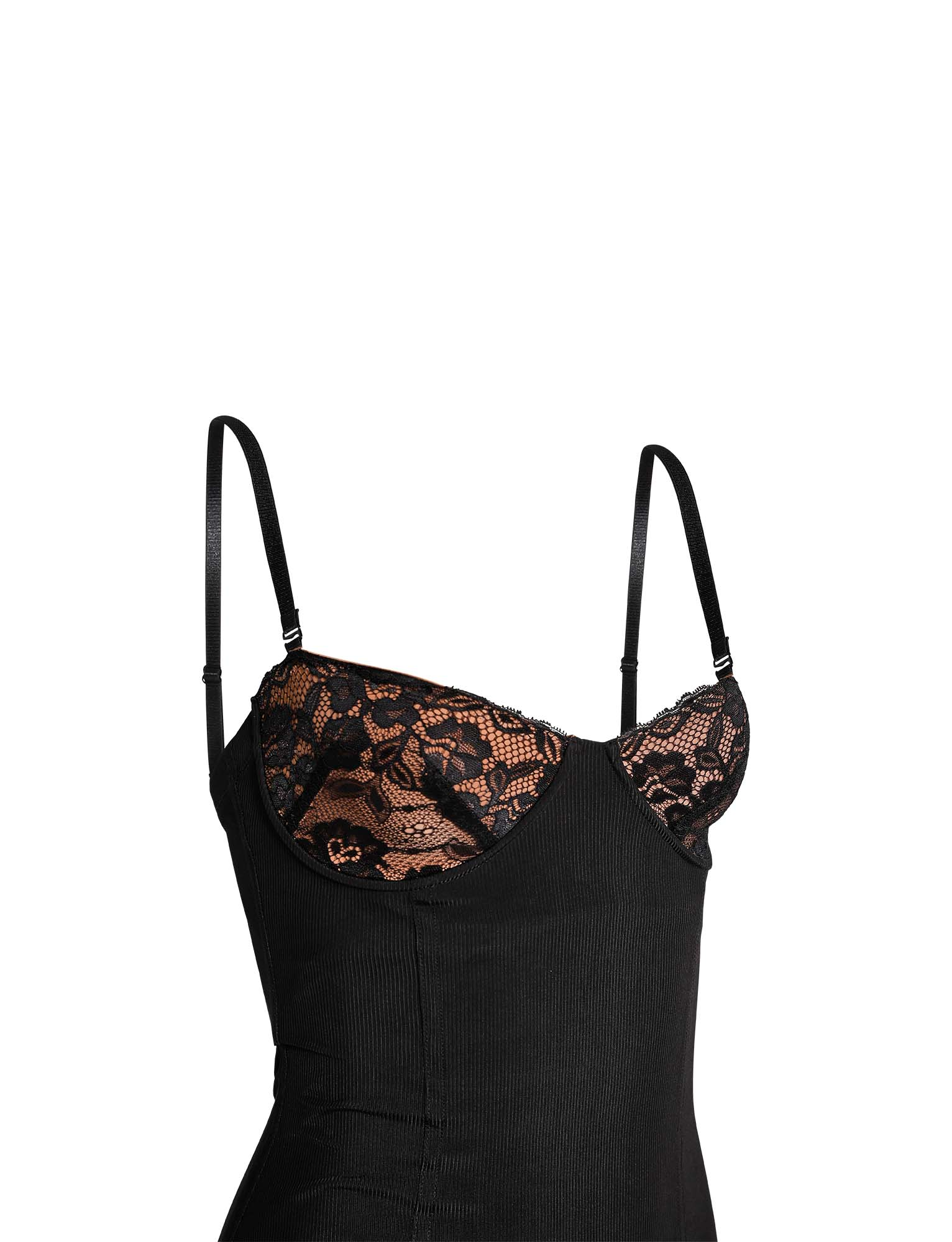 The TIGERMIST ALLURA MAXI DRESS in black is a spaghetti strap bodycon dress with a fitted bodice and semi-sheer lace bra cups, shown against a plain white background.