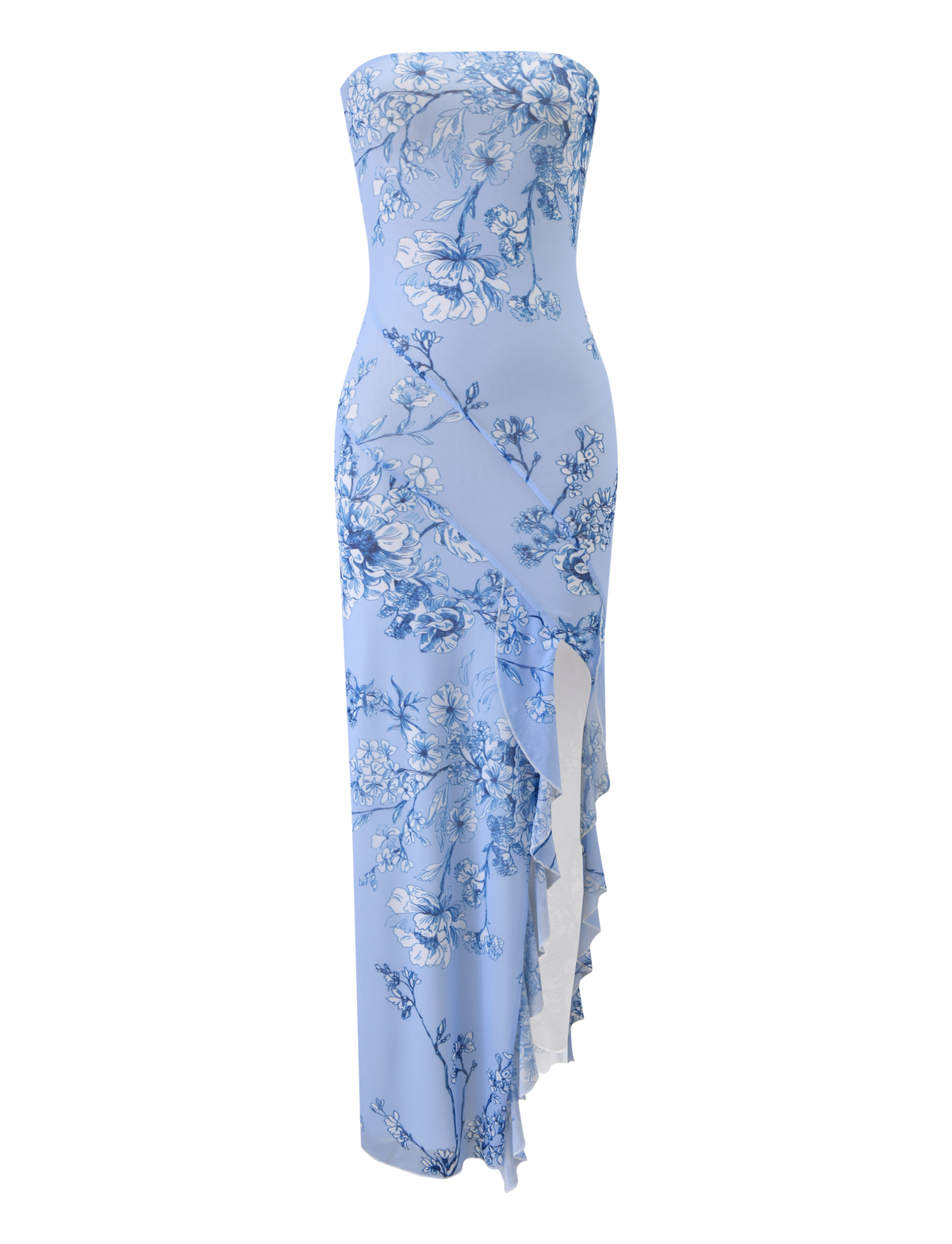 The TIGERMIST THEO MAXI DRESS - BLUE FLORAL is a strapless, light blue mesh bandeau maxi dress with a fitted silhouette, blue floral print, and asymmetrical ruffled detailing on the skirt.