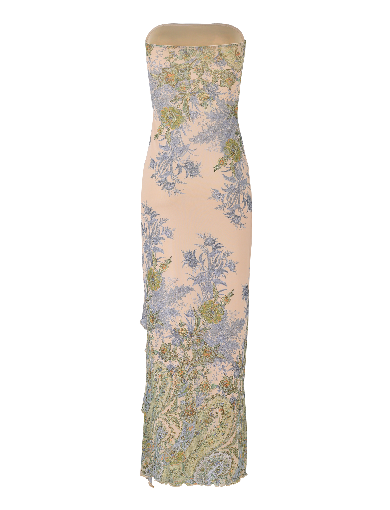 The TIGERMIST THEO MAXI DRESS - MULTI : PAISLEY : TAPESTRY is a strapless, floor-length mesh bandeau dress with a beige base and blue-green paisley tapestry print, featuring a fitted silhouette and slight flare at the hem.
