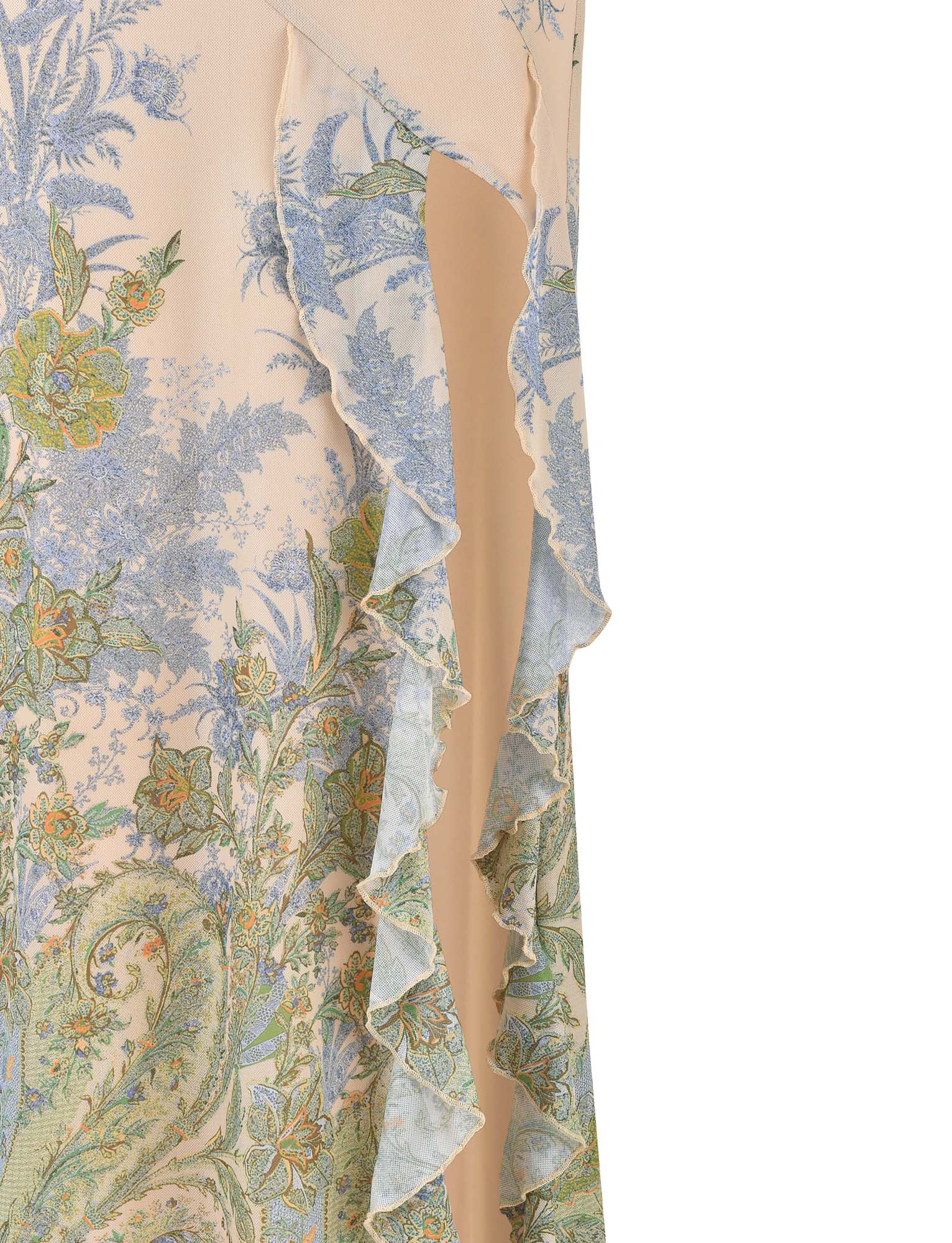 Close-up of the THEO MAXI DRESS - MULTI : PAISLEY : TAPESTRY by TIGERMIST, showing light peach fabric with blue and green florals, ruffled edges, and intricate paisley tapestry print.