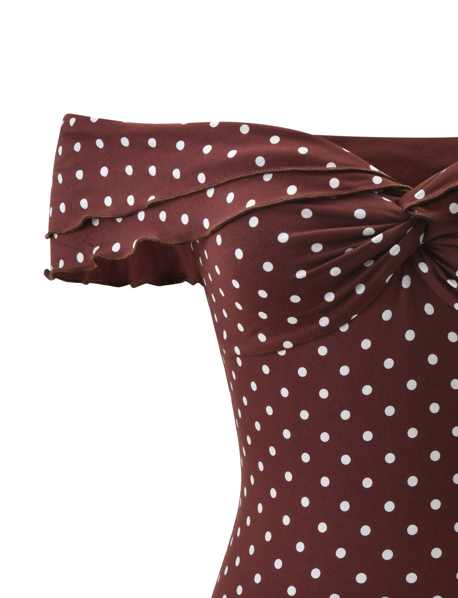 Close-up of the TIGERMIST DENALI TOP - BROWN DOT, an off-shoulder maroon top with white polka dots, twisted knot at the bust, and ruffled modal neckline for a feminine touch.