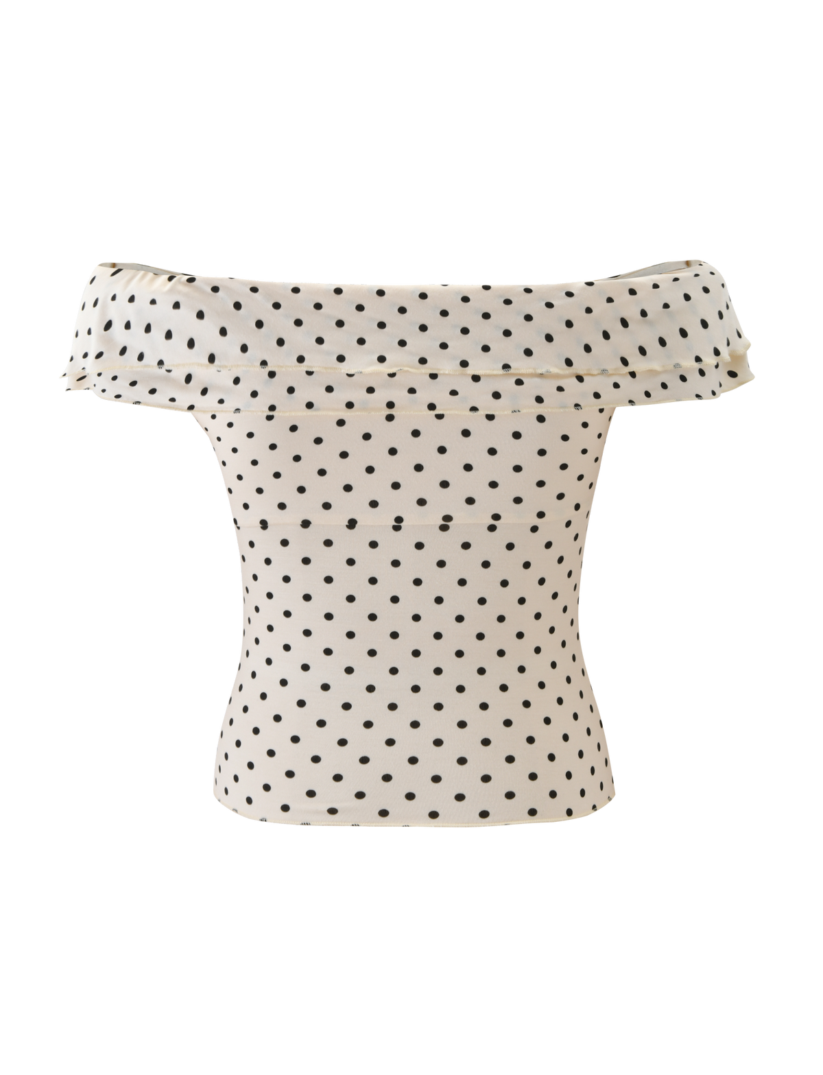 The TIGERMIST DENALI TOP - CREAM DOT is an off-shoulder cream top with black polka dots, featuring a wide neckline and fitted silhouette, shown on a plain white background.