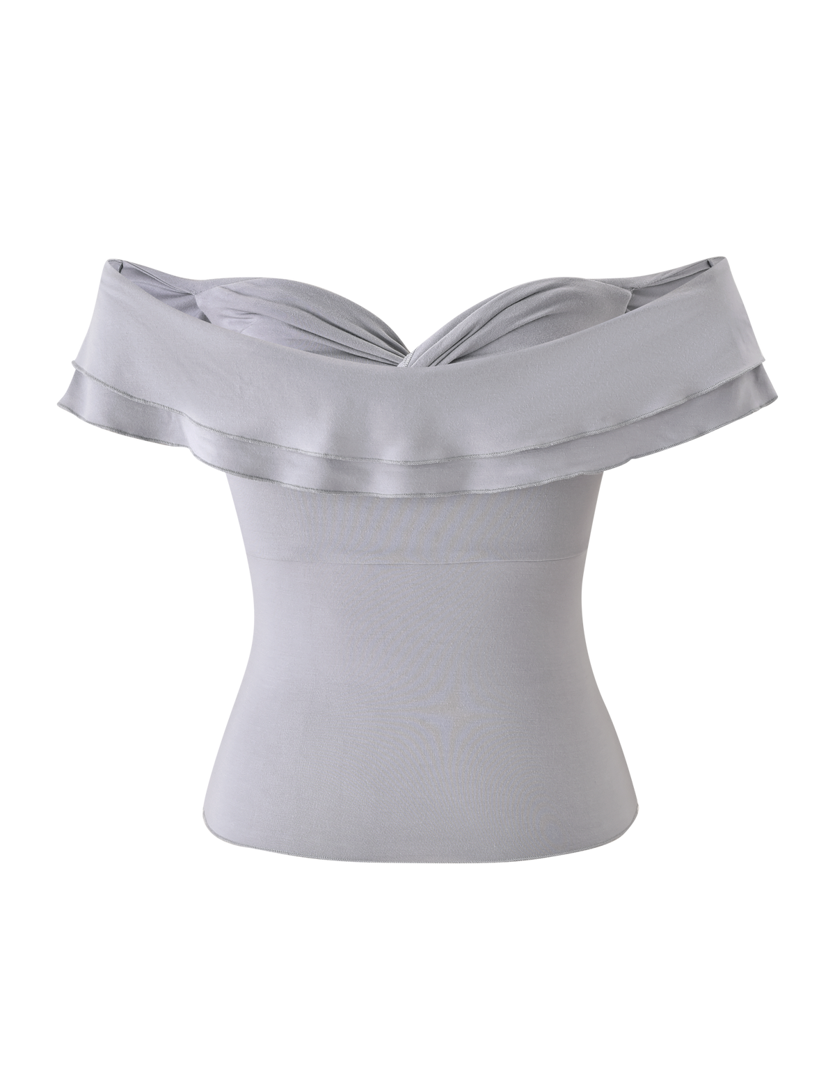 The DENALI TOP - DOVE GREY by TIGERMIST features an off-shoulder, folded draped neckline and fitted bodice in shiny, structured modal fabric. Shown on a plain white background.