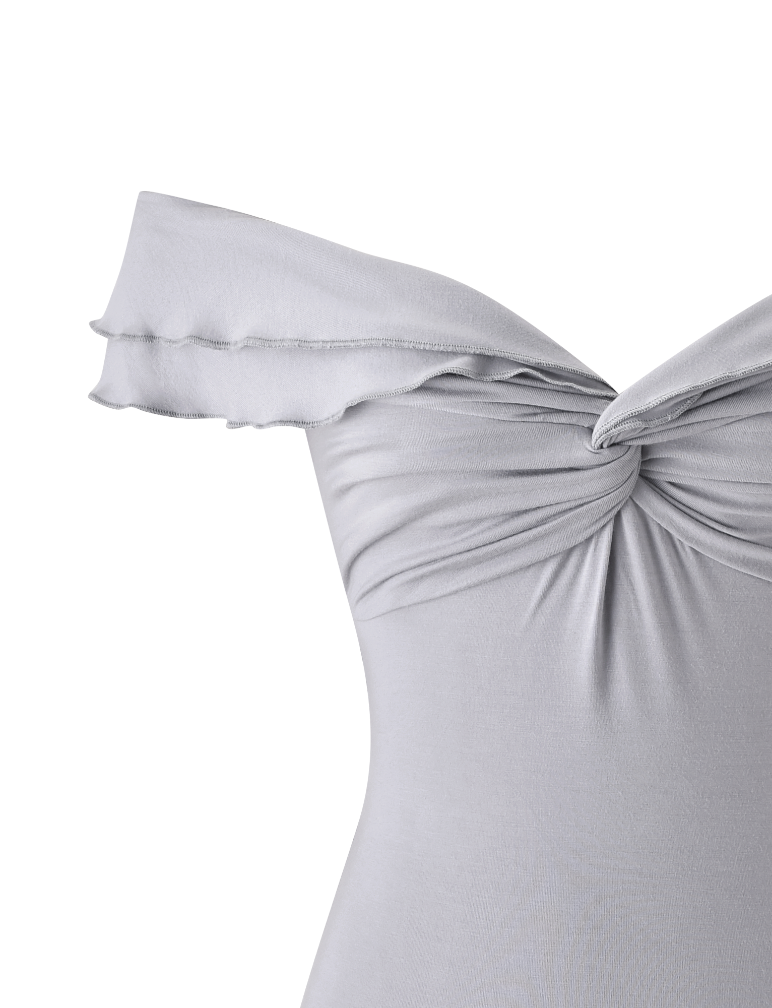 Close-up of the DENALI TOP in Dove Grey by TIGERMIST, crafted from soft, stretchy modal with an off-the-shoulder fit, twisted knot bust detail, and ruffled neckline for an elegant touch.