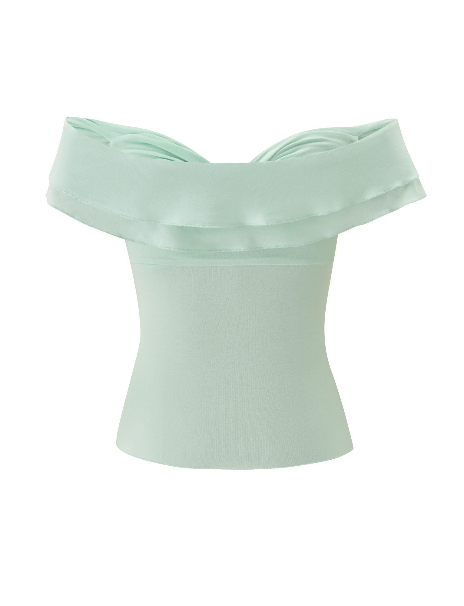 The DENALI TOP in Soft Mint by TIGERMIST is an off-the-shoulder top crafted from soft modal fabric, showcasing a wide layered neckline and fitted bodice, displayed on a plain white background.
