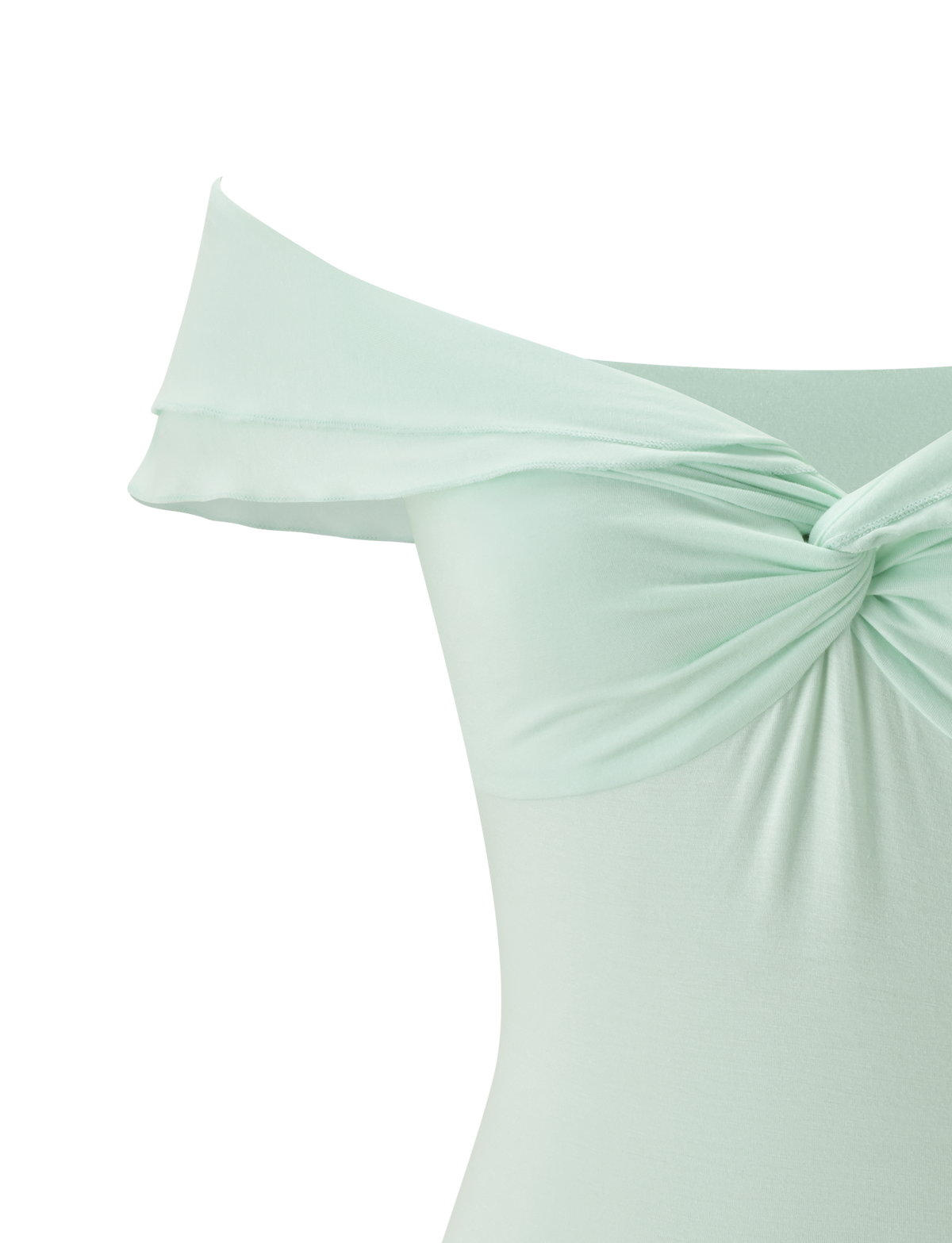 Close-up of the TIGERMIST DENALI TOP in soft mint, featuring an off-shoulder design with ruffled sleeves and a twisted knot front, made from soft modal fabric, shown against a plain white background.