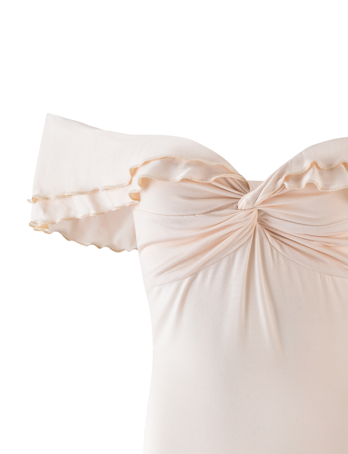 The DENALI TOP in Bone by TIGERMIST is an off-the-shoulder neutral top made from buttery jersey, featuring ruffled short sleeves and a gathered twist at the neckline, shown against a white background.