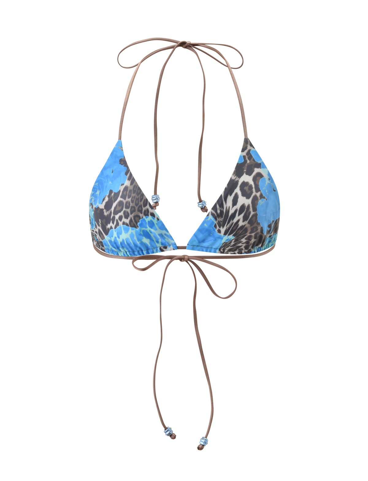 The TIGERMIST AVE BIKINI TOP - BLUE LEOPARD features a classic triangle design with black spots and thin brown adjustable straps, shown on a plain white background.