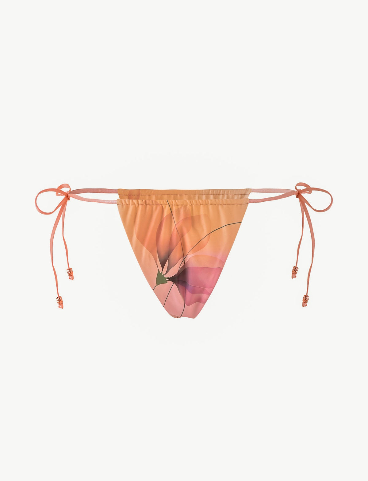 The TIGERMIST AVE BIKINI BOTTOM - PINK : MACRO FLORAL is a peach-toned cheeky bikini bottom with a pink macro floral print and adjustable beaded side ties, shown on a plain white background.