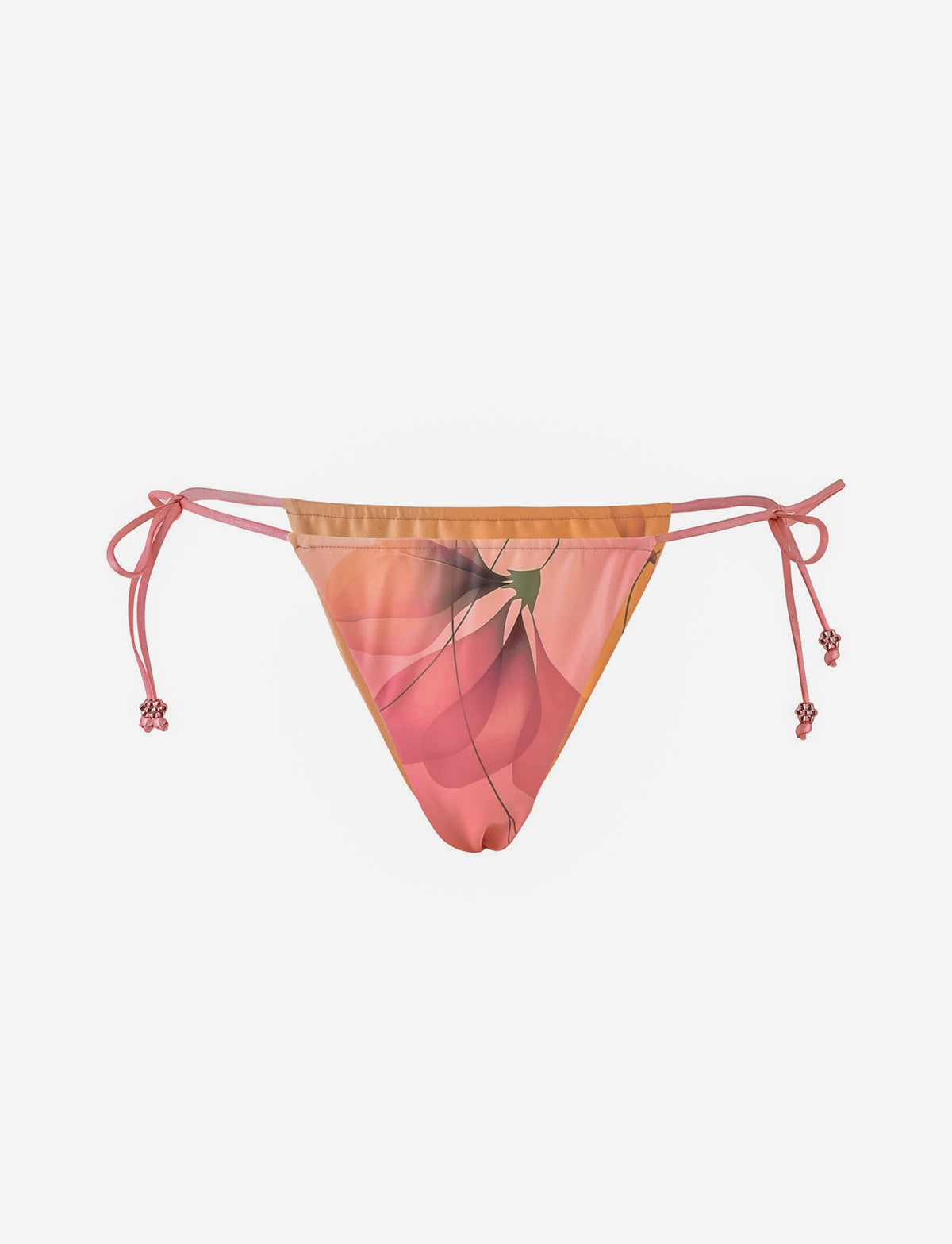 The AVE BIKINI BOTTOM - PINK : MACRO FLORAL by TIGERMIST features a cheeky cut, pink macro floral print, and adjustable side ties with decorative knots, shown on a plain white background.