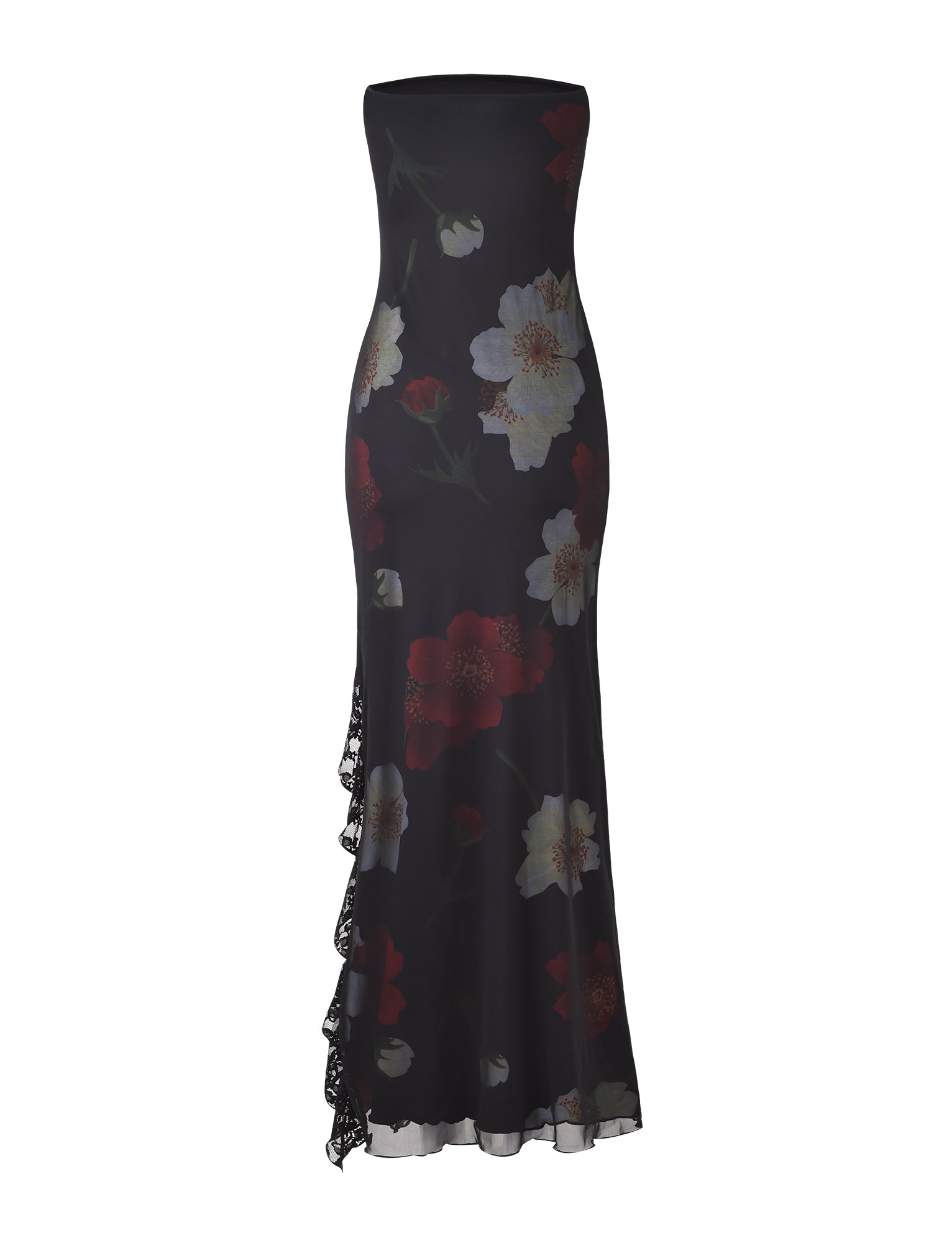 The Theo Maxi Dress - Red: Macro Floral by TIGERMIST is a strapless, floor-length black dress with a fitted silhouette. It features a striking red and white floral print and has a slight asymmetrical ruffle detail cascading down one side, adding an elegant touch.