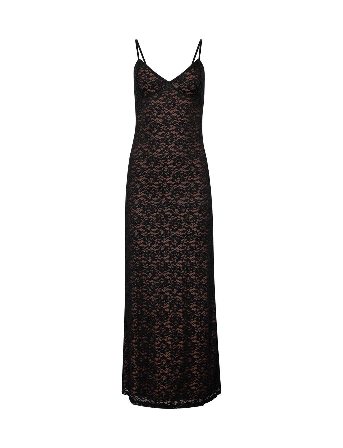 The TIGERMIST JULIANNA LACE DRESS - BLACK is a sleeveless maxi gown with thin straps, a fitted bodice, and a slightly flared hem, shown against a plain white background.