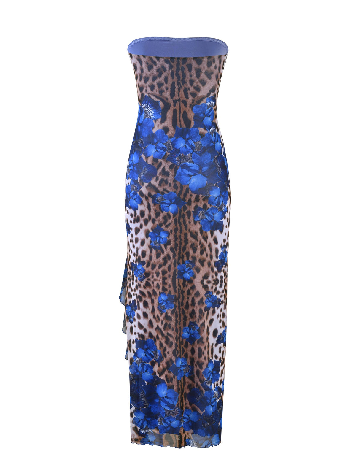 The TIGERMIST THEO MAXI DRESS - MULTI : LEOPARD is a stunning strapless, floor-length dress that features a bold leopard print combined with vibrant blue floral designs. It boasts a fitted silhouette and includes a slight ruffle detail on one side.