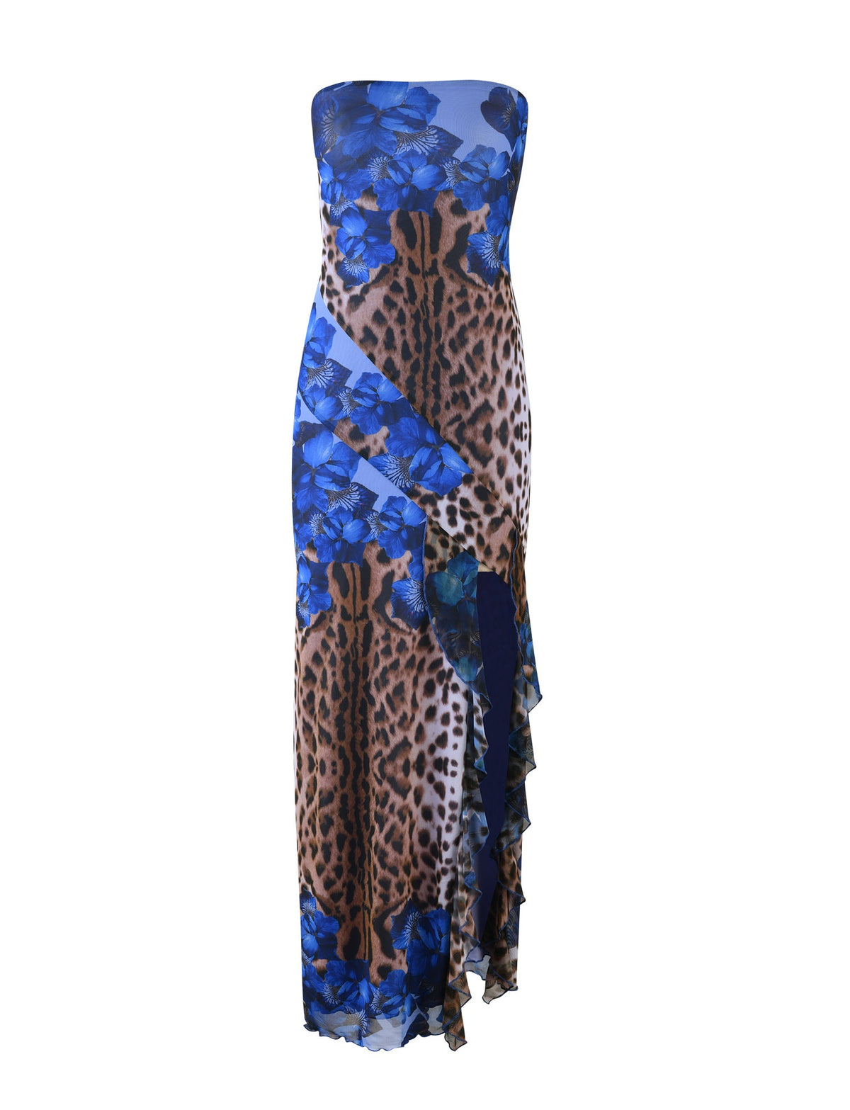 Introducing the THEO MAXI DRESS - MULTI : LEOPARD by TIGERMIST, a strapless, ankle-length creation that boasts a vibrant combination of blue floral and leopard print patterns. This dress features an asymmetrical hemline with a slight ruffle detail on one side, showcasing a bold and unique design.